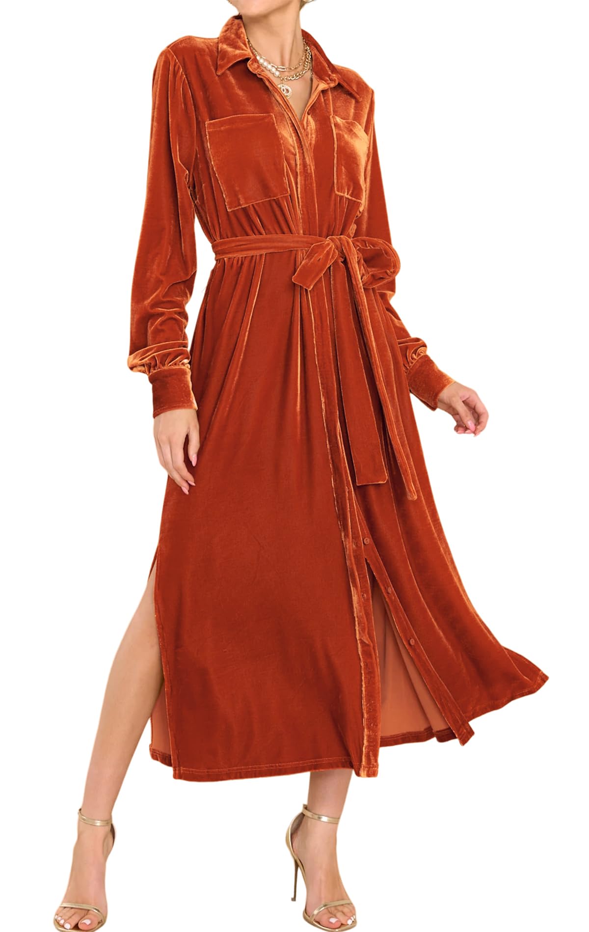 R.Vivimos Women's Velvet Button Down Midi Dress with Belt - Long Sleeve Loose Casual Fall Dress with Side Slit | Perfect for Office, Date Night & Autumn Outings