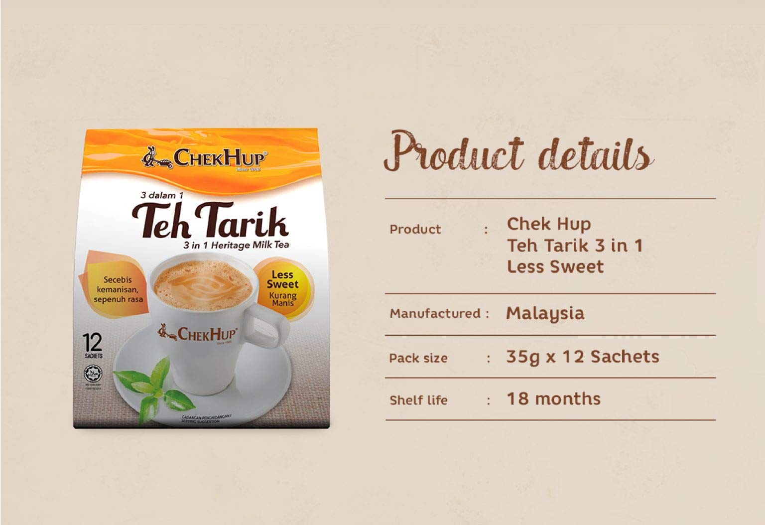 Chek Hup 3-in-1 Teh Tarik Less Sweet Milk Tea Powder - 12 Sachets (6 Pack) - Authentic Malaysian Instant Tea for Home, Office & Travel Use