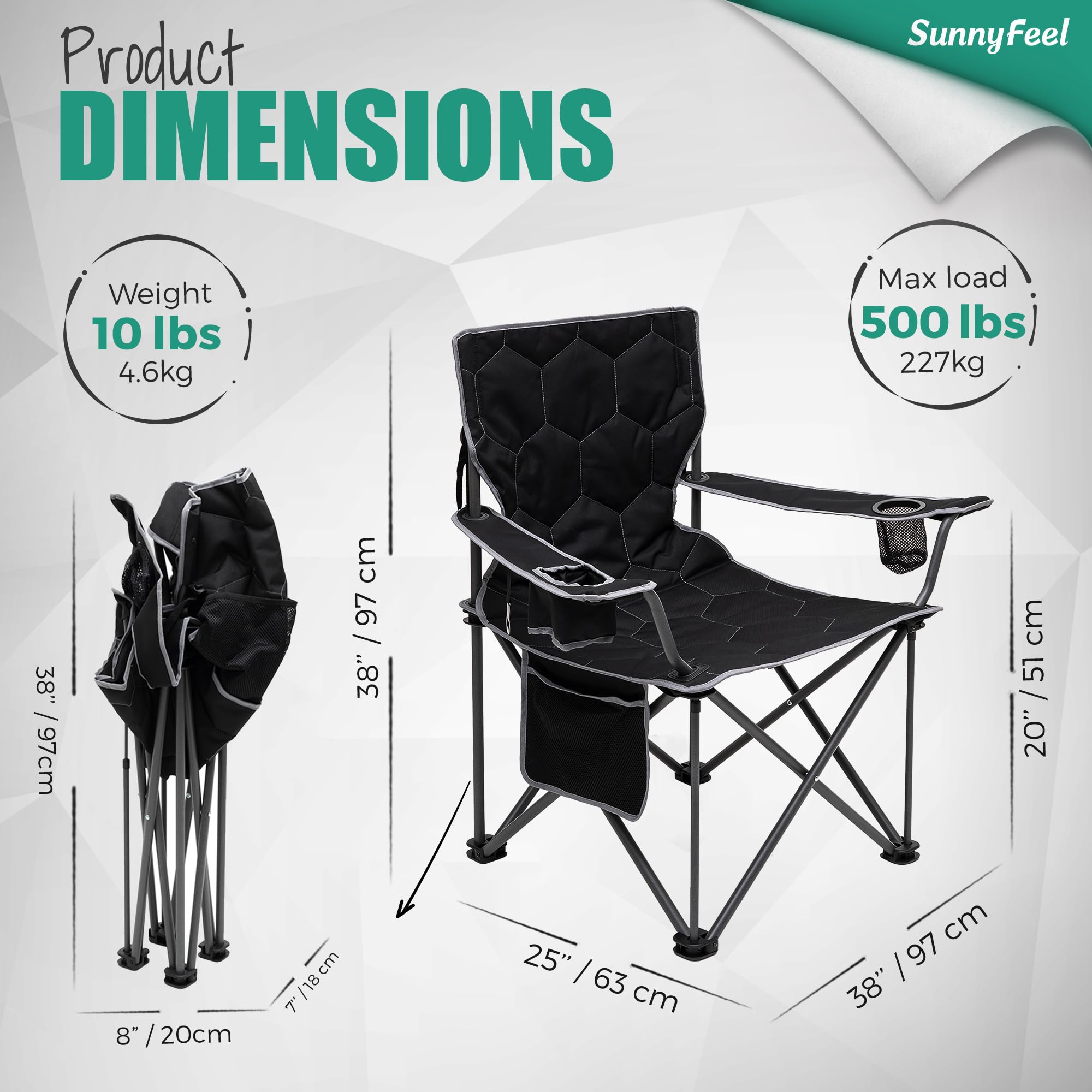 **SUNNYFEEL XL Heavy Duty Oversized Camping Chair for Adults - 500 lbs Capacity, Padded Folding Quad Arm Lawn Chair with Storage Pocket - Perfect for Outdoor, Picnic, Beach, Sports & Tailgating**