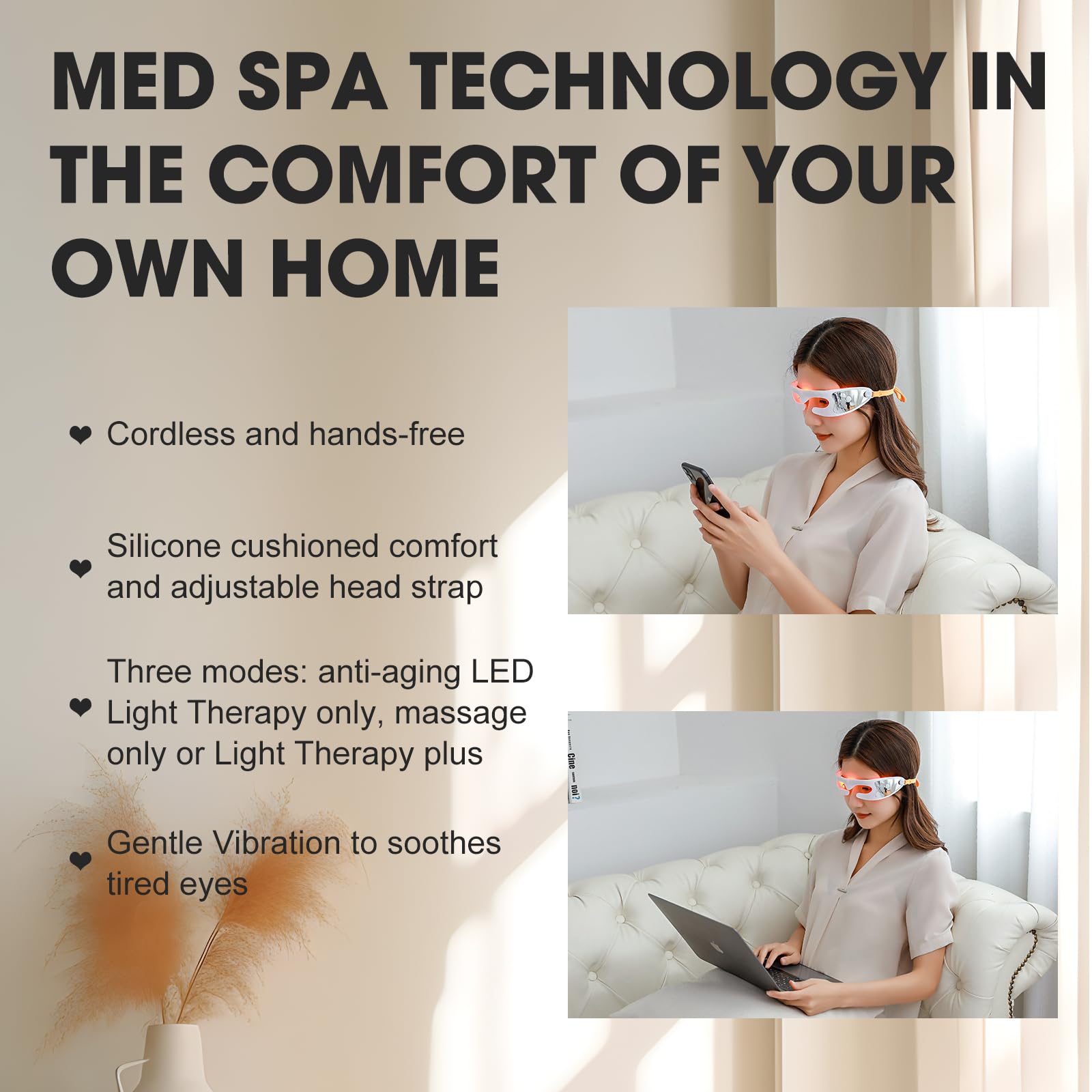 LED Red Light Therapy Eye Mask - 3 Modes with Multi-Frequency Vibration & 5-Level Dual Light Adjustment | Anti-Aging, Skin Rejuvenation & Wrinkle Reduction | Perfect for Home Spa, Relaxation & Beauty Routine