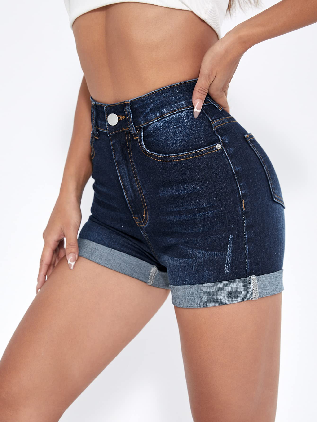 Floerns Women's Stretchy High Waisted Folded Hem Denim Shorts | Comfortable Distressed Denim Shorts for Women | Perfect for Summer, Beach, and Casual Outings