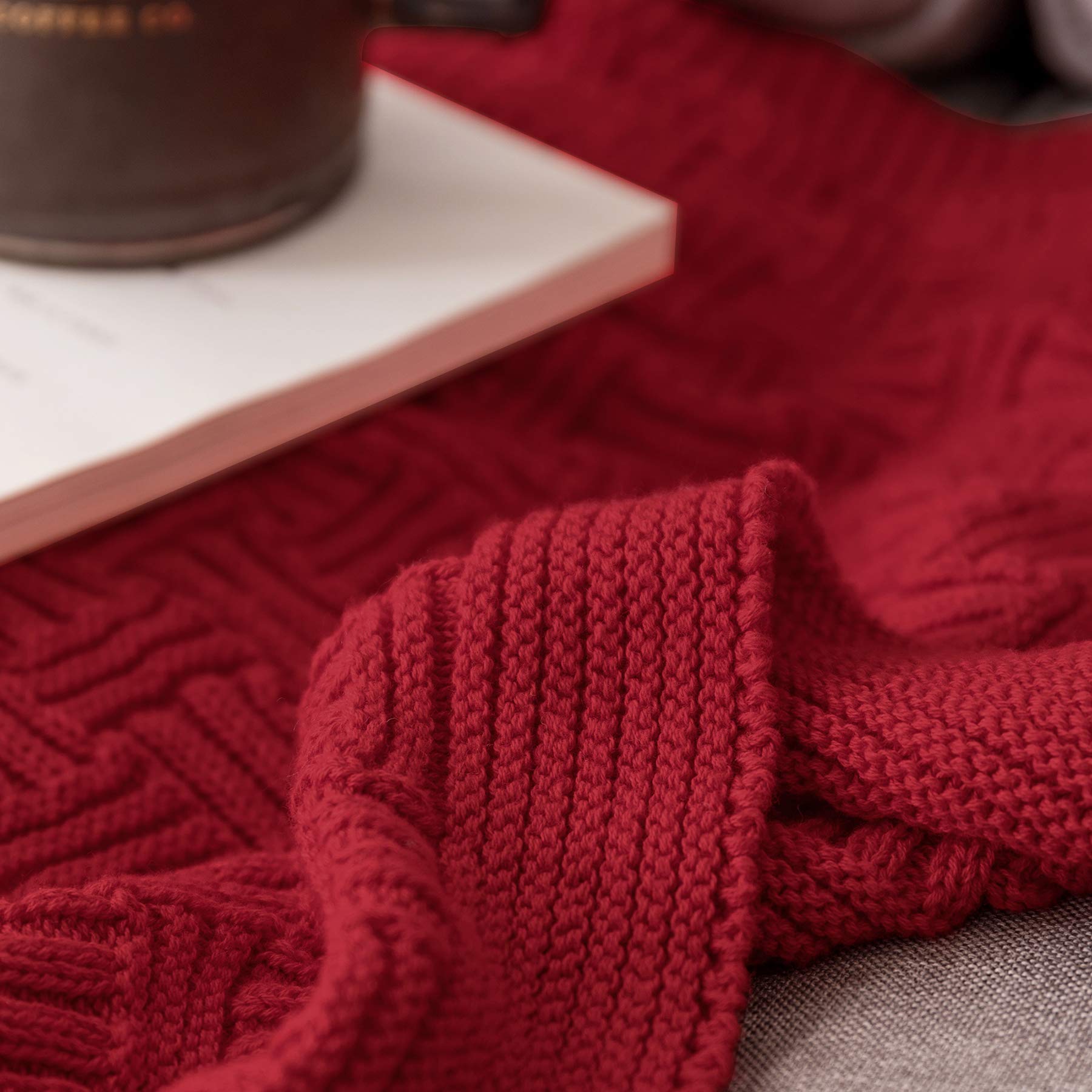 Soft Red Cable Knit Throw Blanket - 50x60 Inch Cotton Knitted Blanket for Couch, Sofa, Bed & Beach - Cozy Lightweight Decorative Blanket for Home, Travel & Outdoor Use