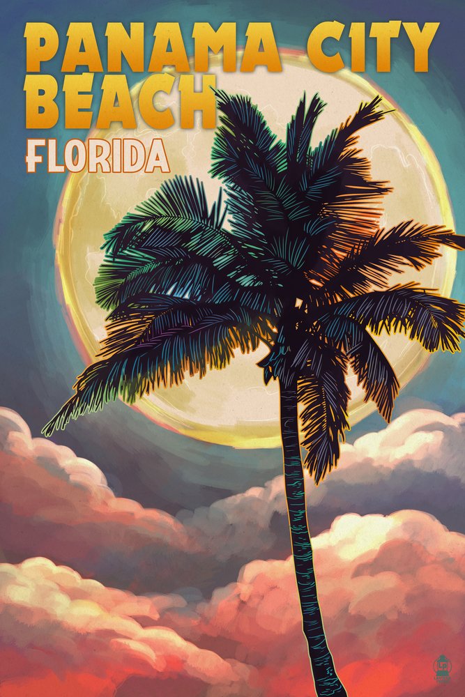 Signed 24x36 Palm and Moon Art Print - Florida Panama City Beach Wall Decor Poster 52831 | Perfect for Living Room, Bedroom & Office Decor