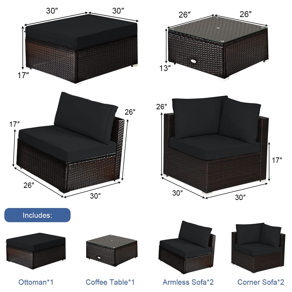 Tangkula 6-Piece Outdoor Patio Furniture Set - Durable Steel Frame PE Rattan Wicker Sectional Sofa with Coffee Table for Deck, Lawn & Backyard (Black) | Perfect for Garden Parties, Poolside Relaxation & Outdoor Entertaining