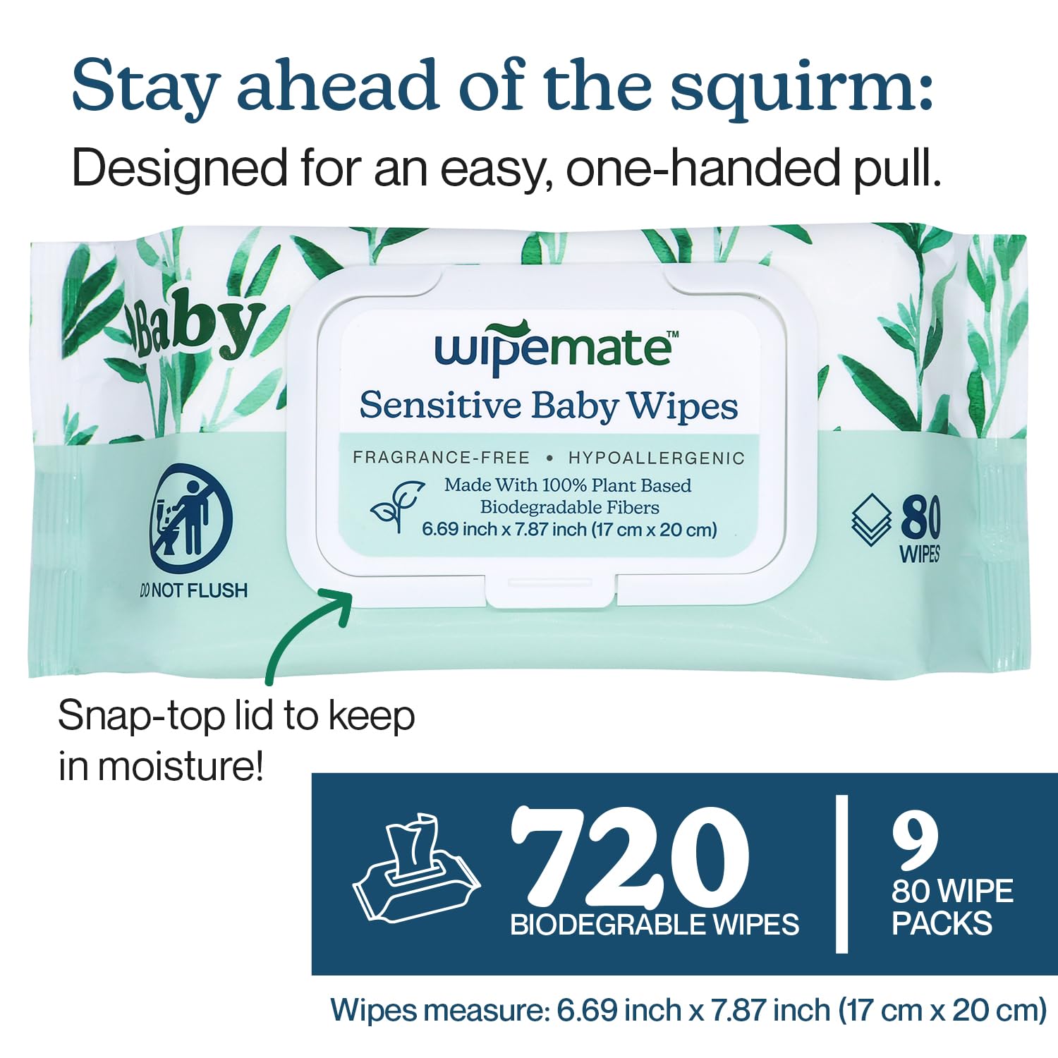 WIPEMATE Sensitive Baby Wipes - 99% Water, Plastic-Free, Plant-Based, Hypoallergenic & Unscented for Delicate Skin - 9 Flip-Top Packs (720 Count) - Perfect for Diaper Changes, On-the-Go Cleaning & Gentle Face Care