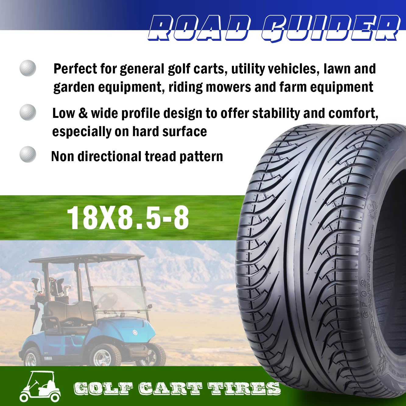 ROADGUIDER 18x8.5-8 Golf Cart & ATV Tires - Set of 2 - 4 Ply All-Terrain Tires for Golf Carts, Utility Vehicles & Lawn Tractors - Durable Traction for Grass, Mud & Snow (Model 14039)