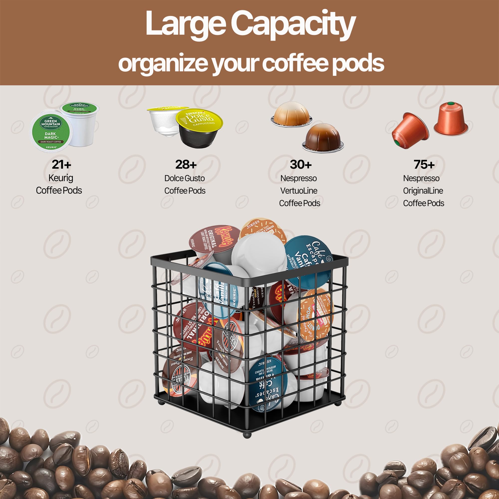 Black Coffee Pod Holder & K Cup Organizer - Countertop Storage Container for Keurig Pods, Creamer & Coffee Bar Accessories | Perfect for Kitchen, Office & Coffee Station Organization