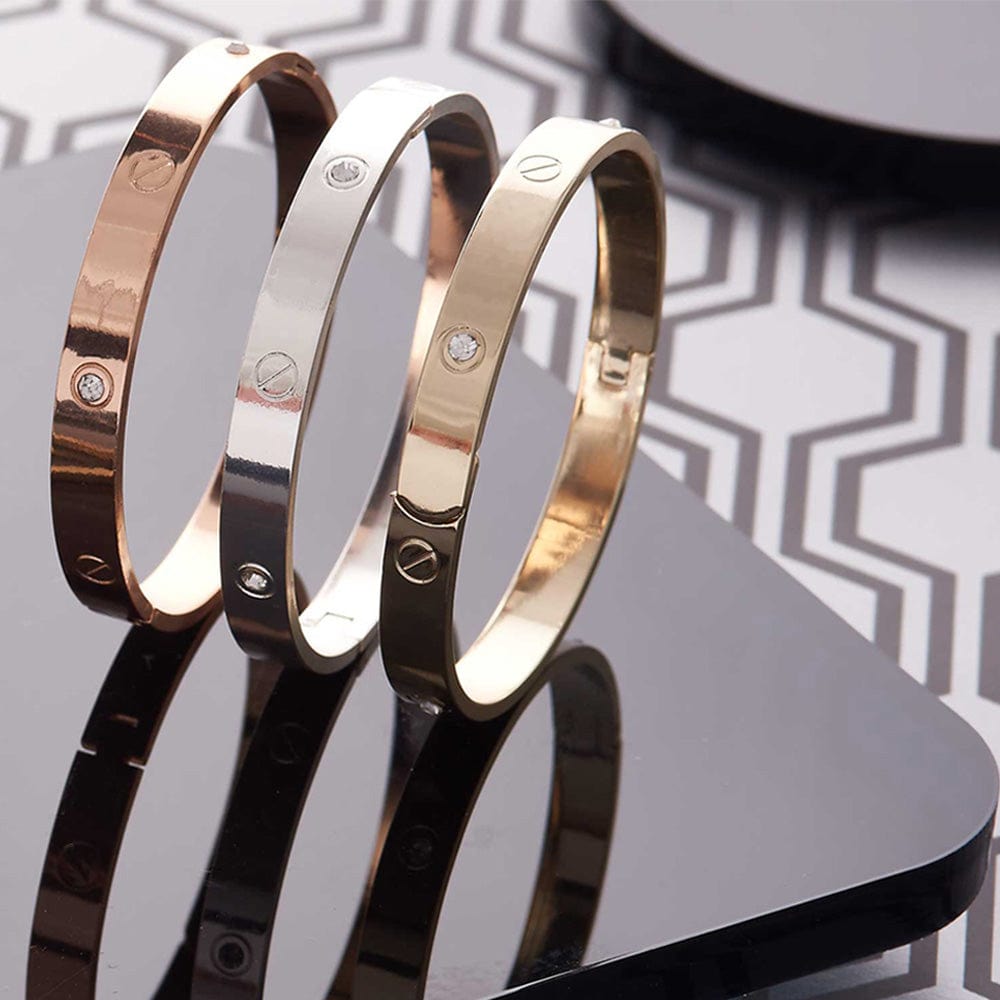 Gold Plated Four Stone Diamante Bangle - Elegant Cubic Zirconia Bracelet for Women, Perfect for Parties, Weddings & Special Occasions
