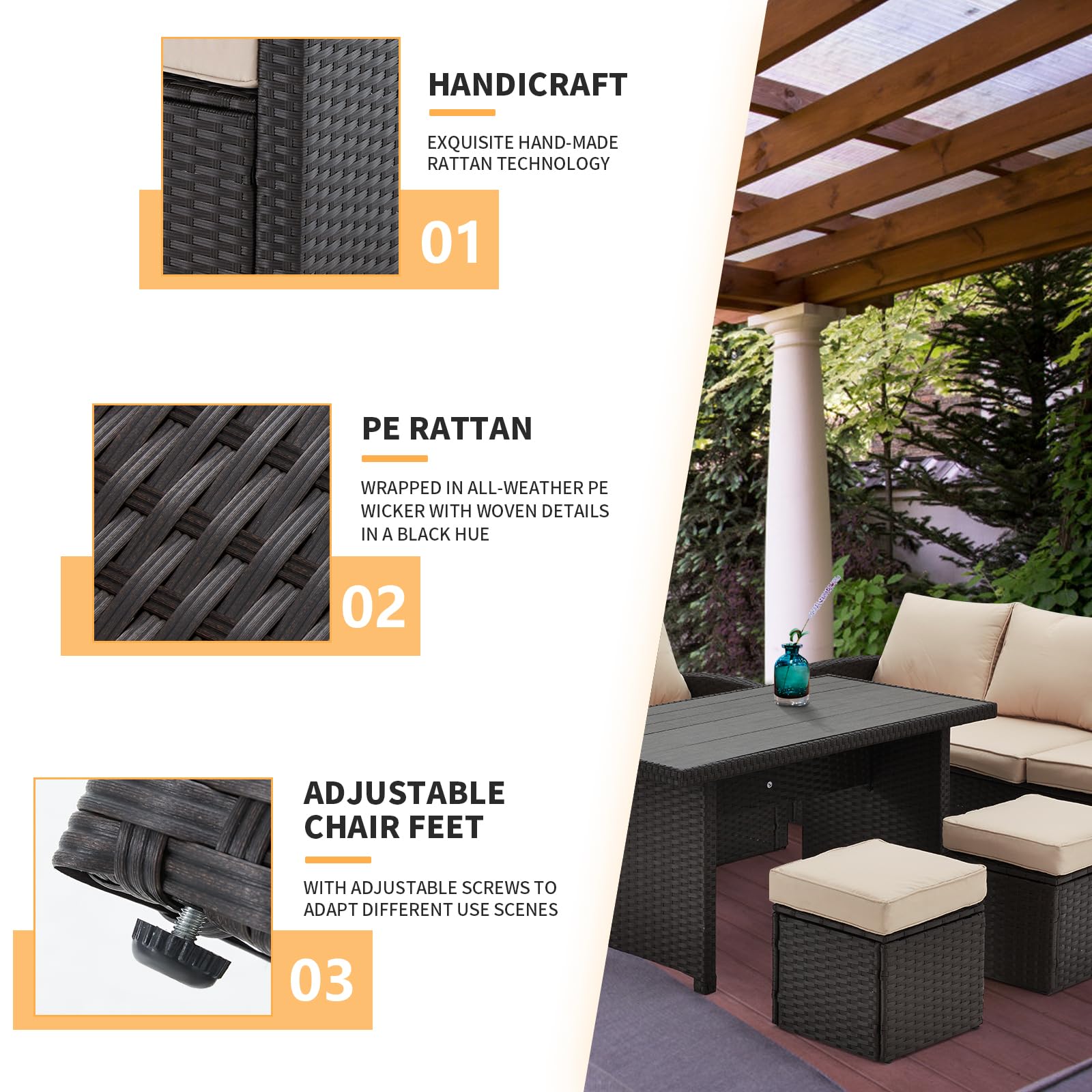 HOMREST 6-Piece Outdoor Patio Furniture Set - All-Weather Wicker Rattan Sectional Sofa with Dining Table & Chairs (Beige) - Perfect for Backyard, Garden, Poolside, Patio & Deck - Ideal for Outdoor Entertaining, Lounging & Dining Al Fresco - Great for Summer BBQs, Family Gatherings & Relaxing in the Sunshine - Durable & Stylish Outdoor Furniture for Pool Parties, Garden Tea Time & Sunset Cocktails