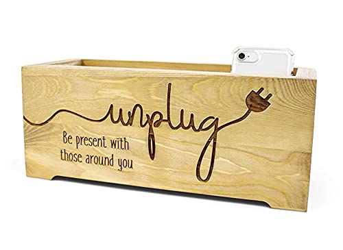 Unplug Box Rustic Wood Planter - Personalized Family Cell Phone Holder with Optional Charging Station | Home & Office Organization | Perfect for Living Room, Kitchen, or Bedroom Decor