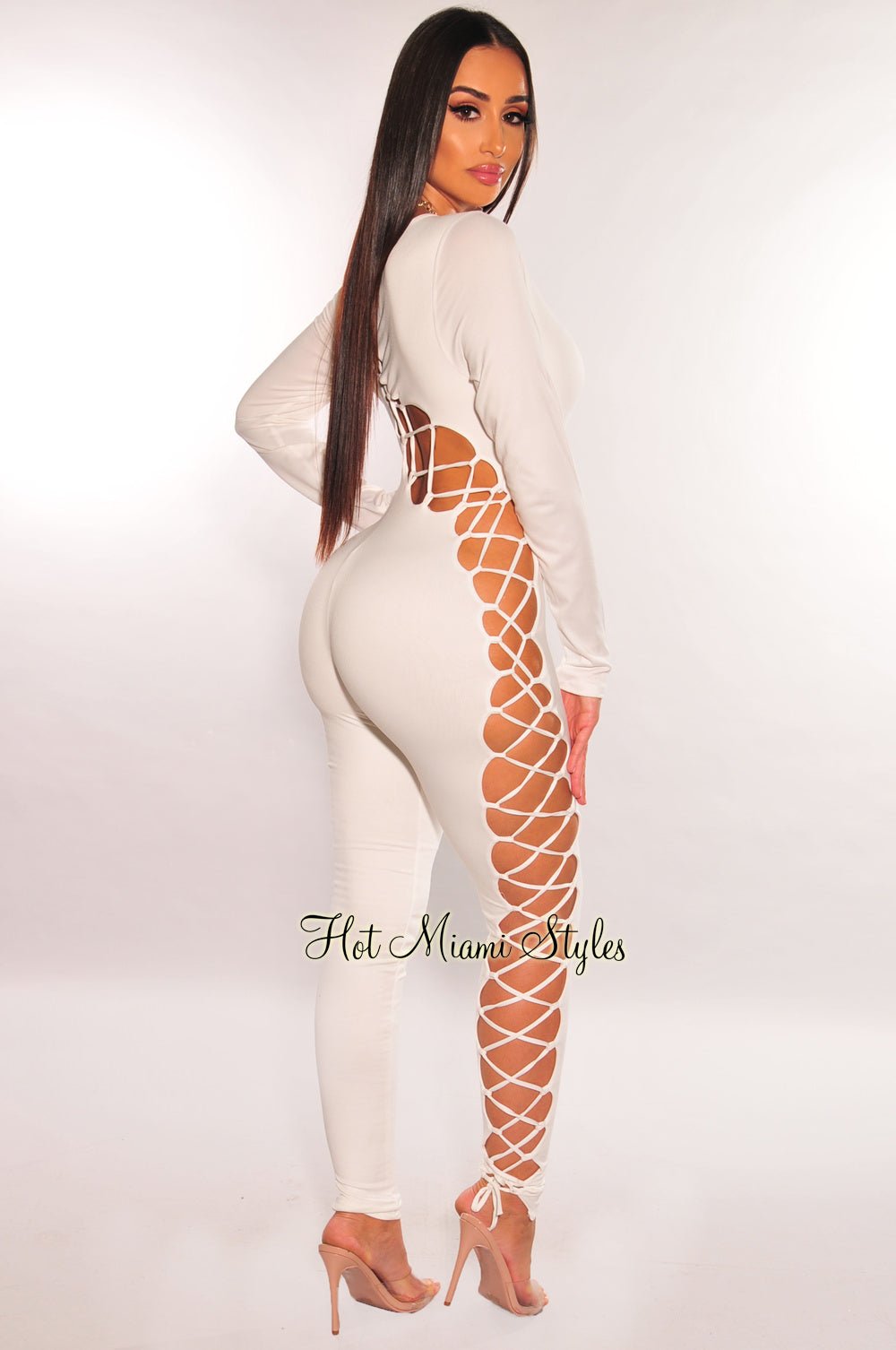Elegant White Long Sleeve Lace Up Back Jumpsuit for Women - Sexy Party Outfit, Evening Wear & Special Occasion Fashion