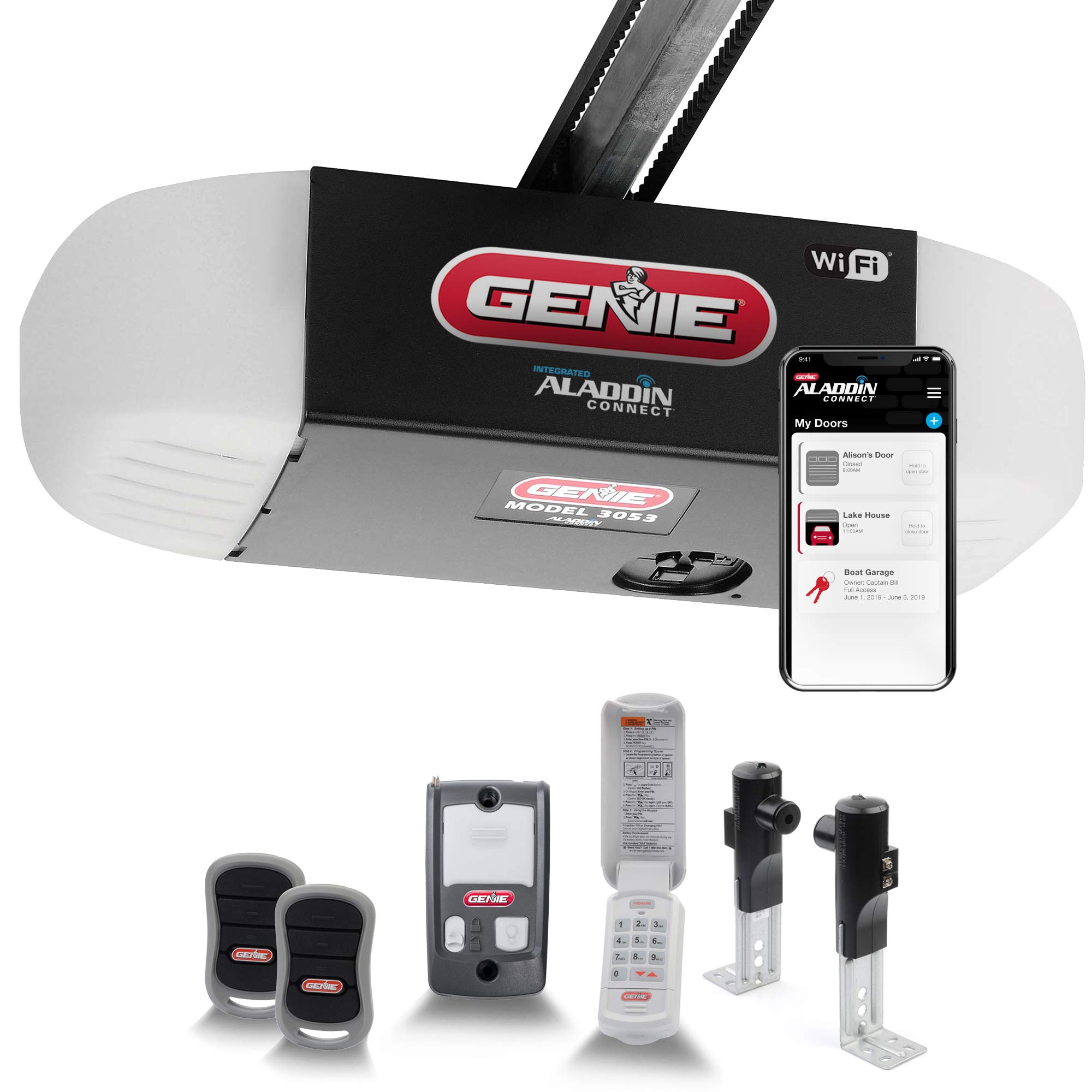 Genie QuietLift Connect Model 3053-TKV Smart Garage Door Opener with GEN39026R Extension Kit for 5-Piece Belt-Drive Tube Rails - Metallic Finish | Perfect for Home Security & Smart Home Automation