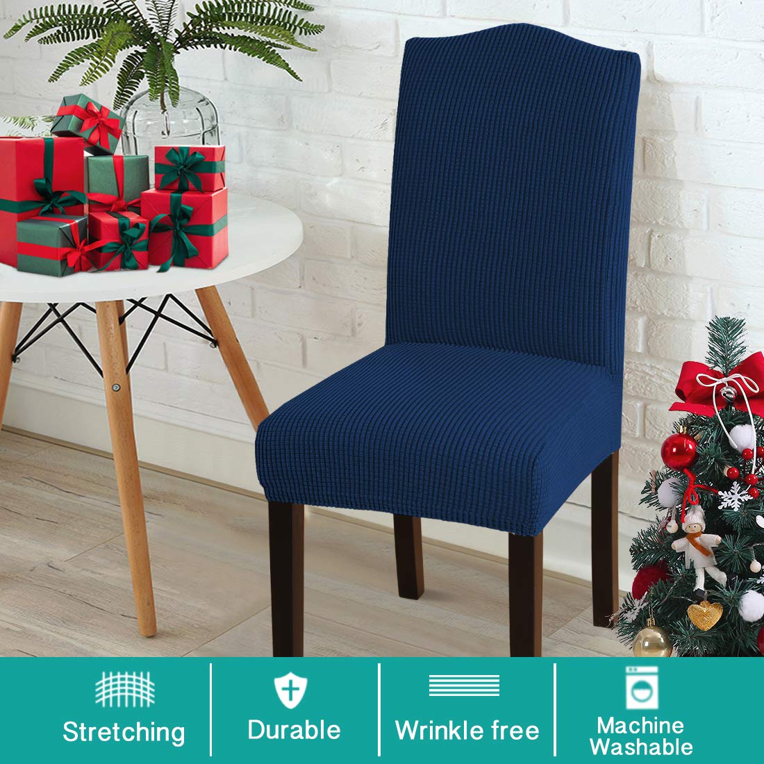 Stretchable Turquoise Spandex Dining Chair Covers Set of 2 - Navy Blue Removable Slipcovers for Kitchen, Restaurant, Wedding & Home Decor - Fits Most Chairs for Easy Installation & Cleaning
