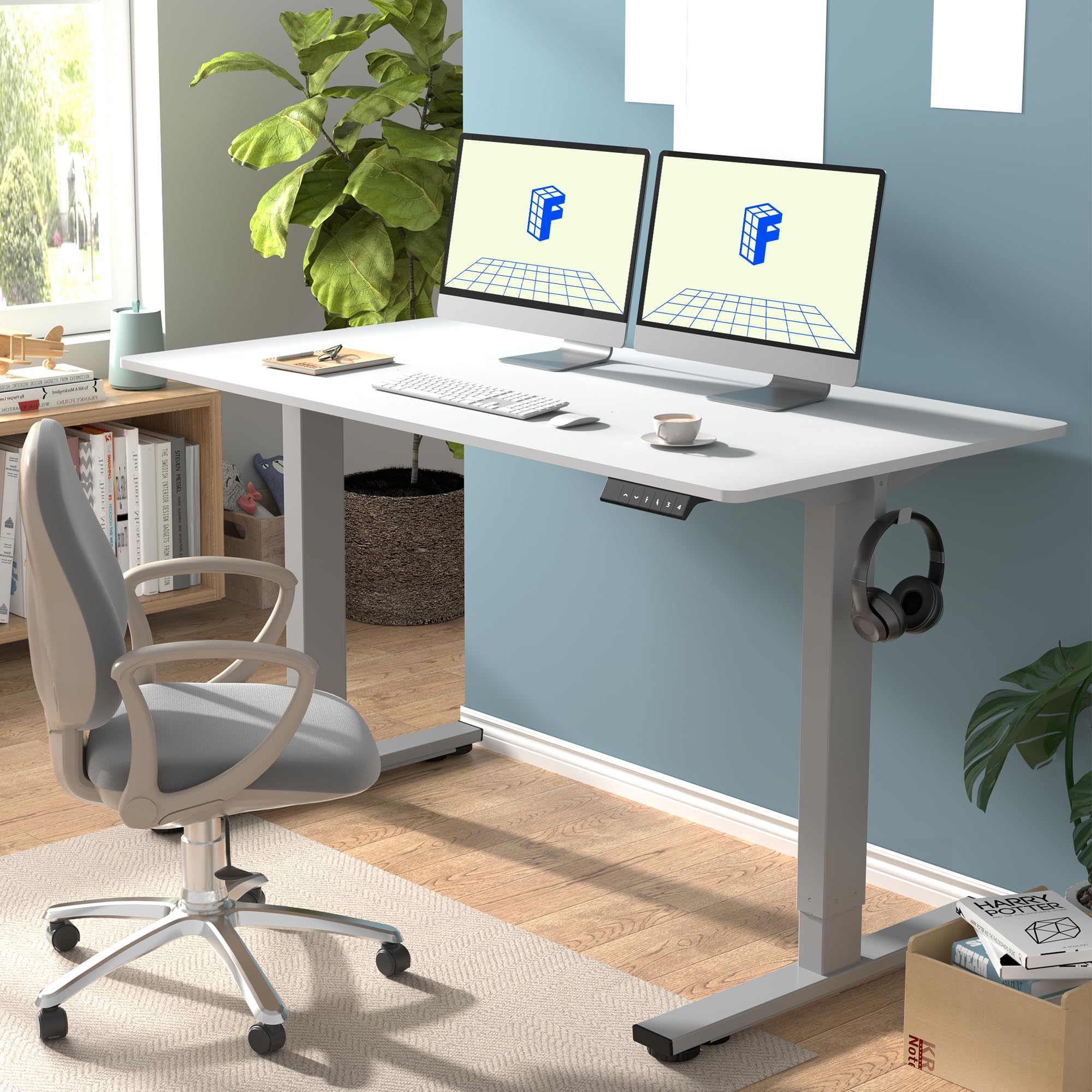 FLEXISPOT EN1 Electric Height Adjustable Standing Desk 55 x 28 Inches - Ergonomic Sit Stand Workstation with Seamless Desktop (Silver Frame & White Top) - Perfect for Home Office, Gaming Setup & Workspace Productivity