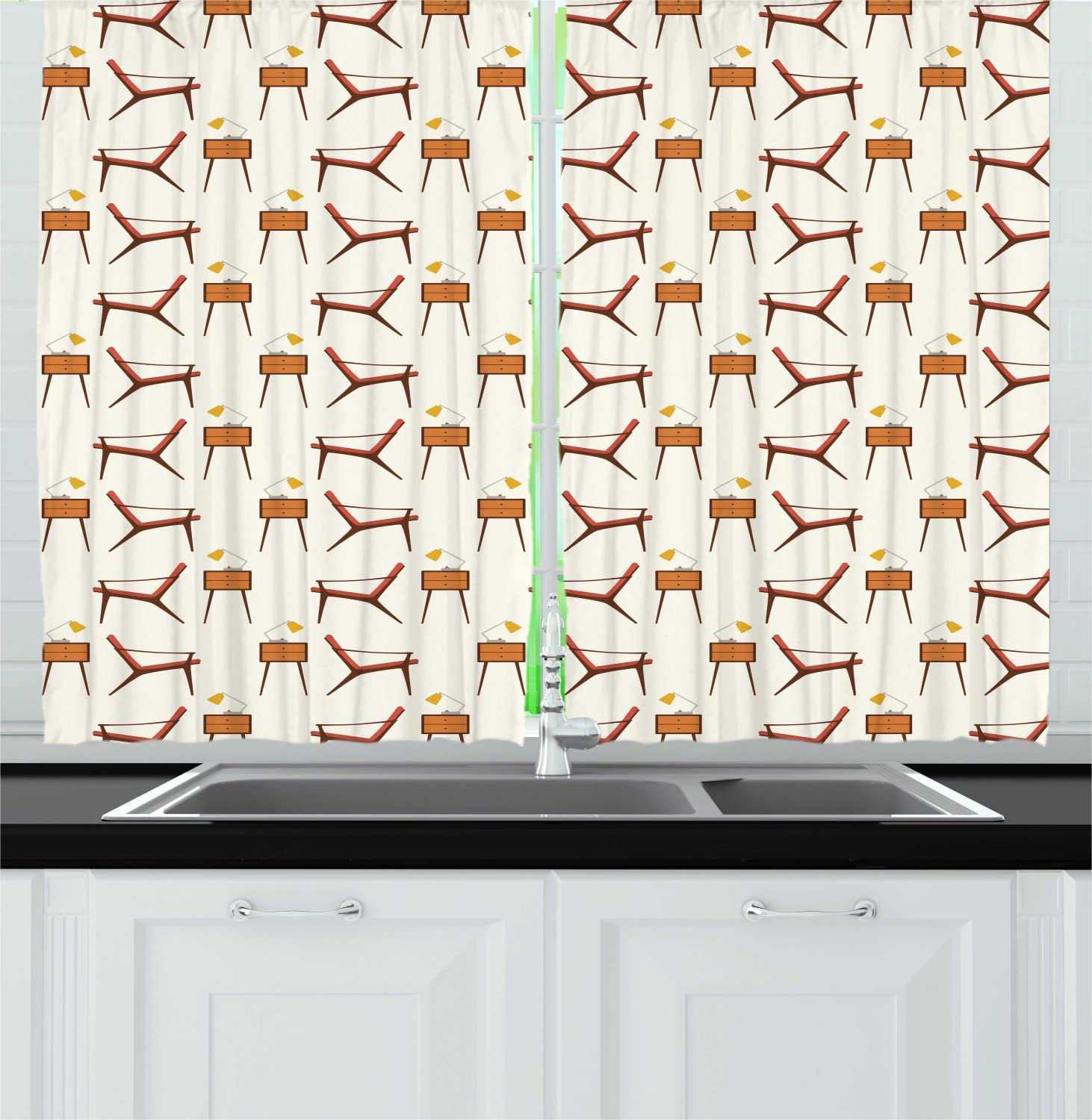 Ambesonne Mid Century Modern Long Kitchen Curtains - Vintage Chair & Coffee Table Print Drapes, 55