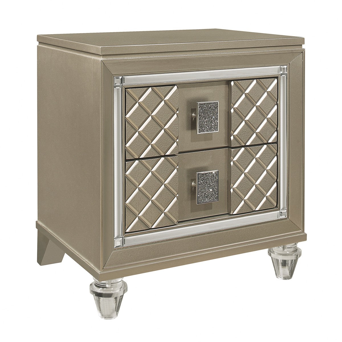 Elegant Champagne Metallic Nightstand with Embossed Drawer Fronts - Modern Bedside Table for Bedroom Decor, Perfect for Small Spaces & Apartment Living