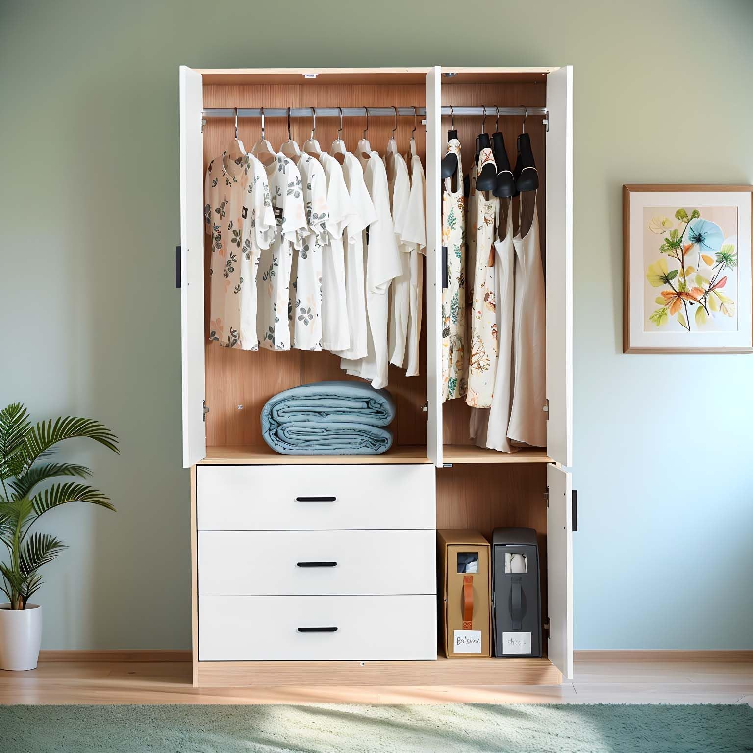 3-Door Wooden Wardrobe Closet with Mirror & 3 Drawers - Freestanding Storage Cabinet with Hanging Rod - Perfect for Bedroom, Guest Room or Dorm Organization