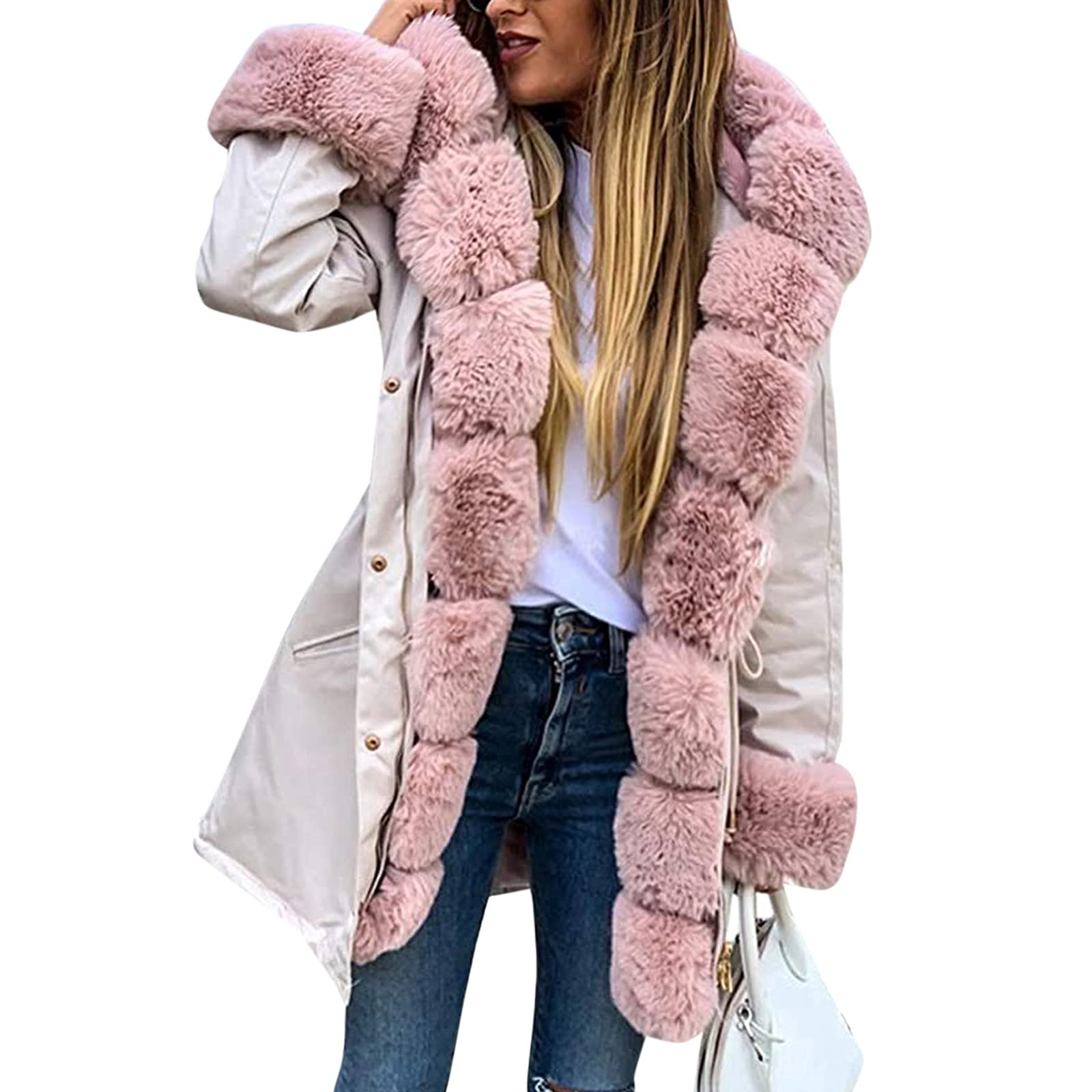 Women's Fashion Faux Fur Hooded Winter Coat - Fleece Lined Drawstring Padded Jacket with Zipper, Slim Fit Snow Suit for Cold Weather (Beige, XXXL) | Perfect for Winter Outdoor Activities, Snowboarding & Casual Wear