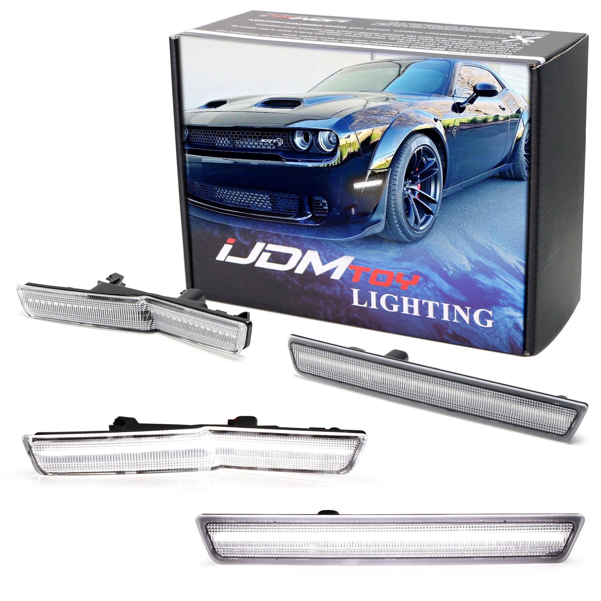 Clear Lens White Front/Rear LED Side Markers for 2015-2023 Dodge Challenger Widebody - Enhanced Visibility & Style for Night Driving & Car Shows