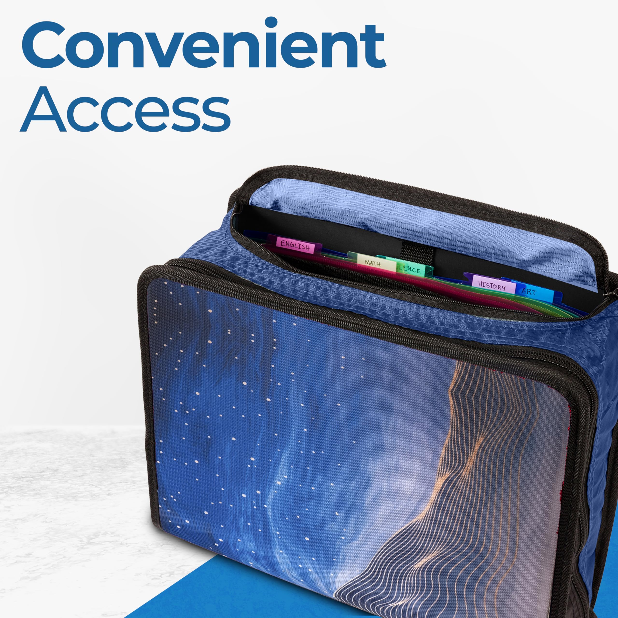 Case-it Mighty Zip Tab Zipper Binder - 3 Inch O-Ring with 5 Color Tabs, Expanding File Folder, Adjustable Shoulder Strap & Handle (D-146 Desert Night) - Perfect for School, Office & Travel Organization