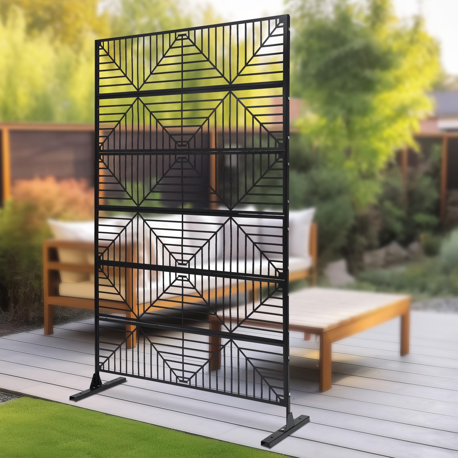 Freestanding Metal Privacy Screens for Outdoor & Indoor Use - Decorative Room Divider, Patio Fence, Balcony Screen with Stand (Stripe Design) - Perfect for Poolside, Garden, and Home Decor