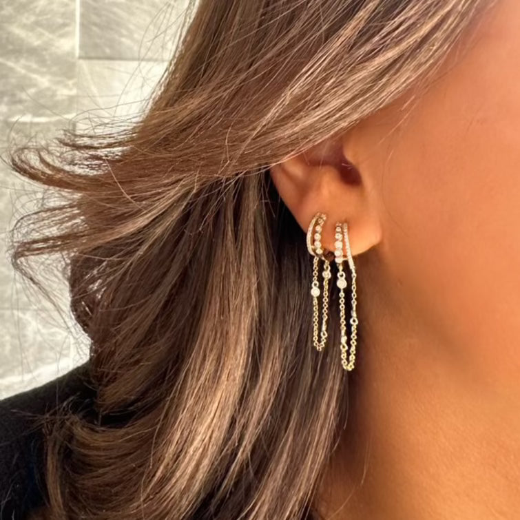 Double Diamond Huggie & Chain Drop Earrings for Women - Elegant Dangle Earrings for Party, Wedding & Everyday Wear