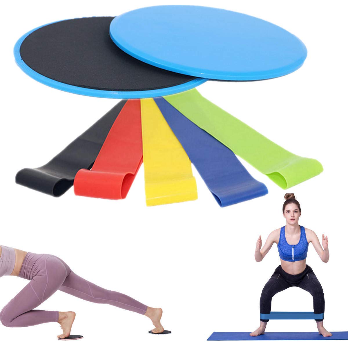 Dual Fitness Core Sliders & 5 Loop Resistance Bands Set - Workout Gliding Discs for Legs, Booty, Hips - Strength Training & Yoga Equipment for Home Gym - Perfect for Pilates, HIIT, and Full Body Exercises