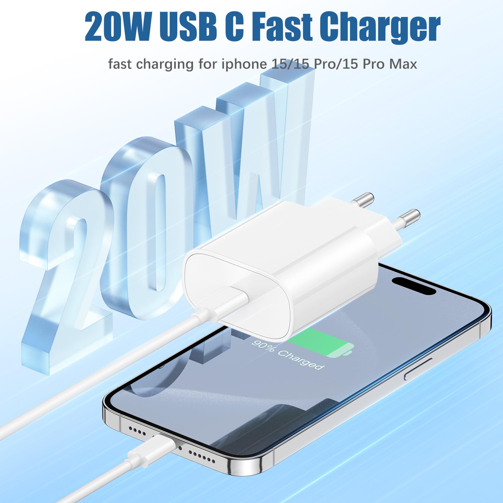 20W Fast Charging USB C Cable for iPhone 15/16 Series, 2M USB-C to USB-C Charger Cord Compatible with iPhone 16 Pro/Pro Max, 15 Pro Max/Plus, iPad Pro 12.9/11