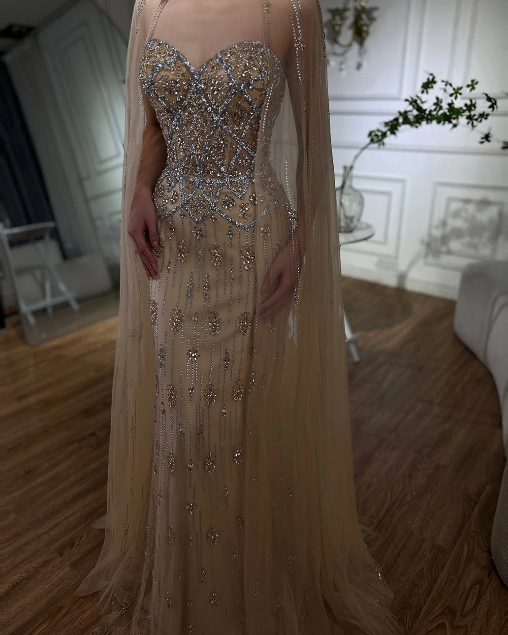 Luxury Dubai Nude Saudi Evening Gown with Detachable Cape Sleeves - Mermaid Beaded Formal Dress for Wedding, Prom, Gala & Special Occasions LA72716