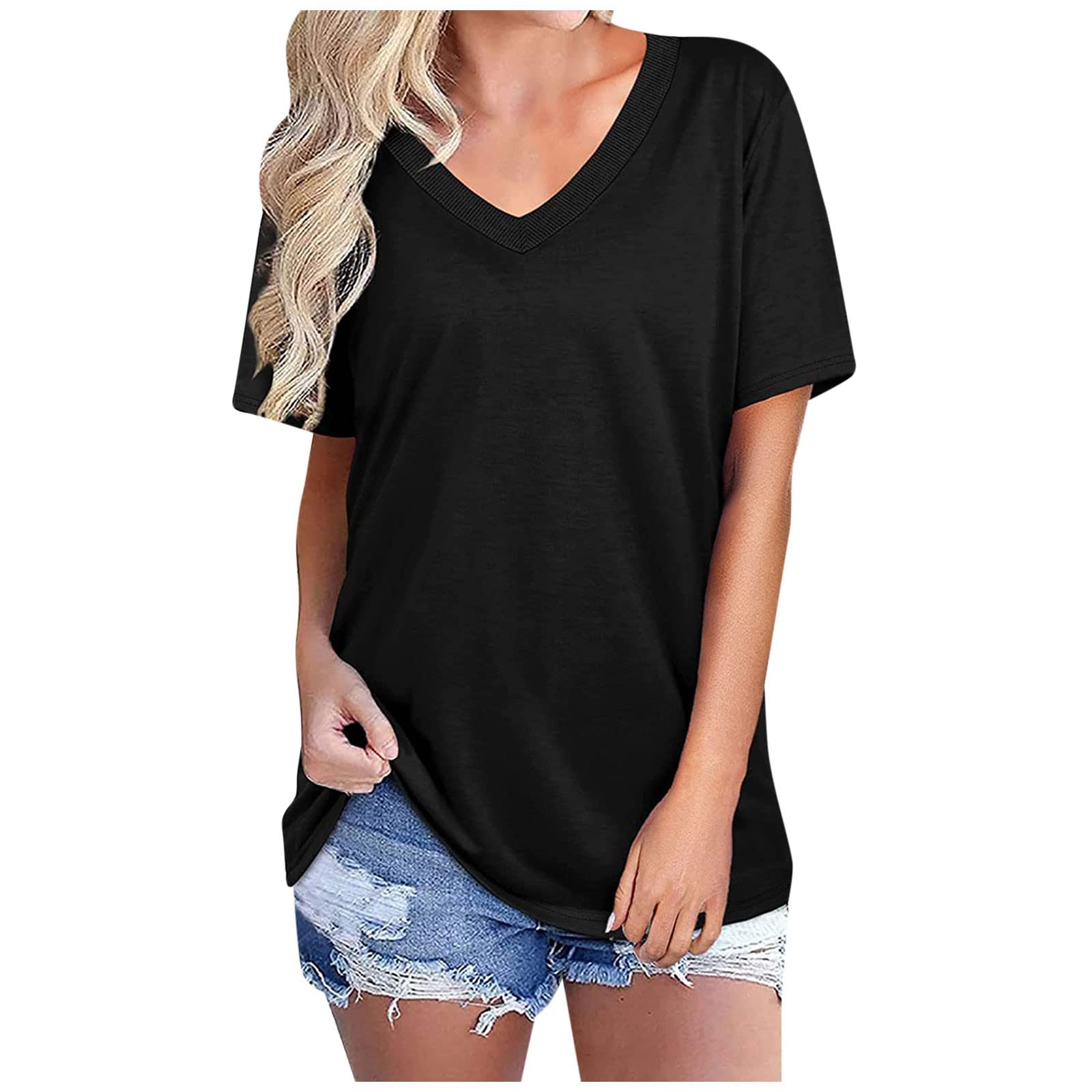 Women's Summer Tops - Solid Color Ribbed Tunic V-Neck Blouses, Short Sleeve Flowy Fit T-Shirts for Casual Wear, Beach Outfits & Everyday Comfort