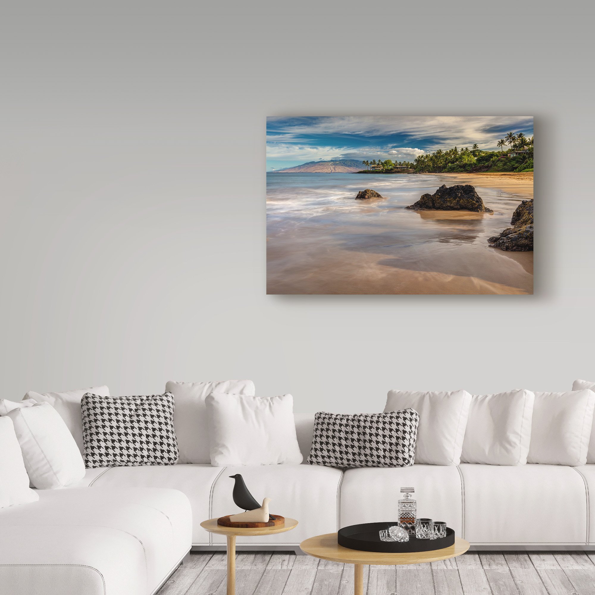 Secret Beach Maui by Pierre Leclerc - 30x47 Inch Framed Wall Art Print, Tropical Beach Landscape Painting for Living Room, Bedroom & Office Decor