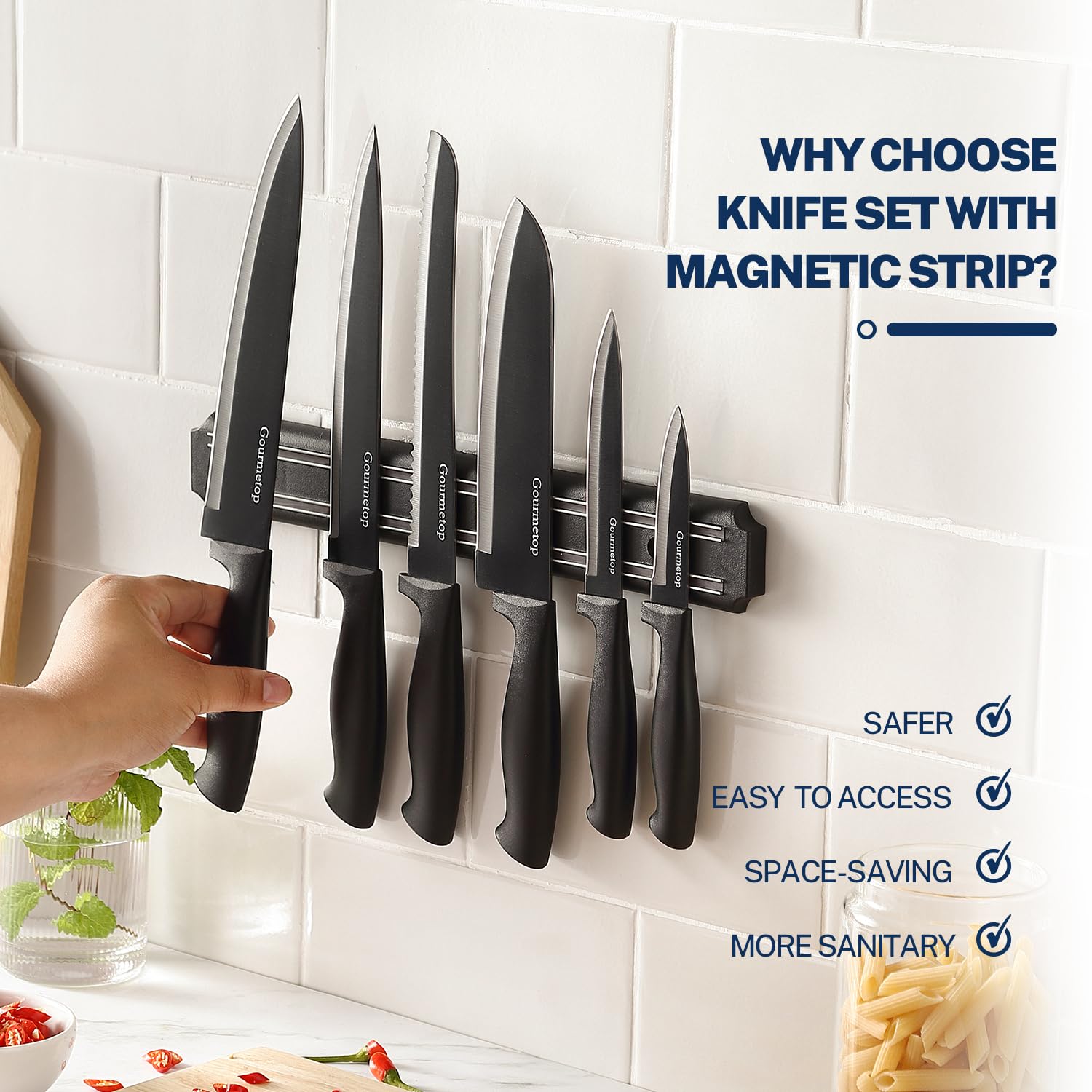 Premium 6-Piece Kitchen Knife Set with Magnetic Strip - No Drilling Required - Professional Stainless Steel Chef Knives for Meat, Vegetables & Fruits - Includes Chef Knife, Utility Knife & Paring Knife - Ideal for Home Cooking, Restaurant Use & Gift Giving