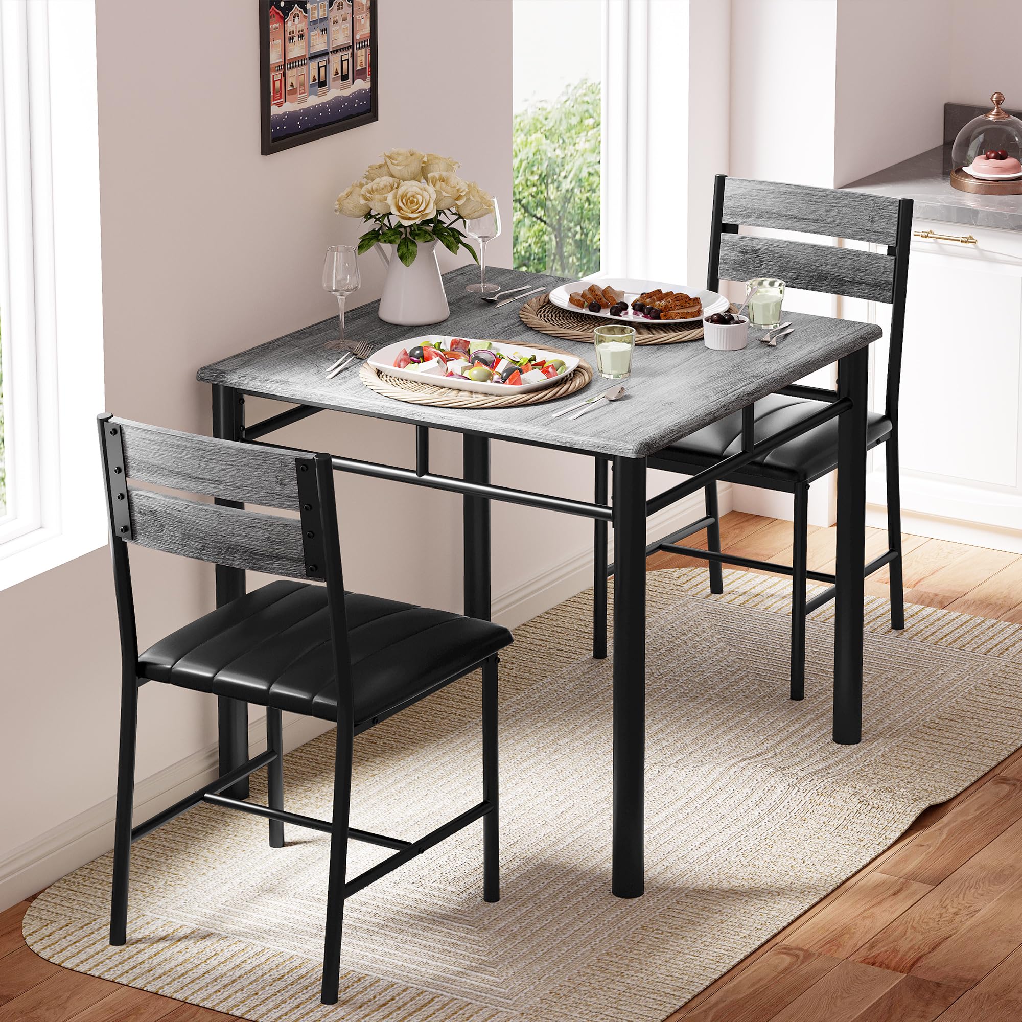 IRONCK 2-Person Dining Table Set with Upholstered Chairs - Compact Kitchen Table for Small Spaces, Gray - Perfect for Apartments, Breakfast Nooks & Cozy Dining Rooms