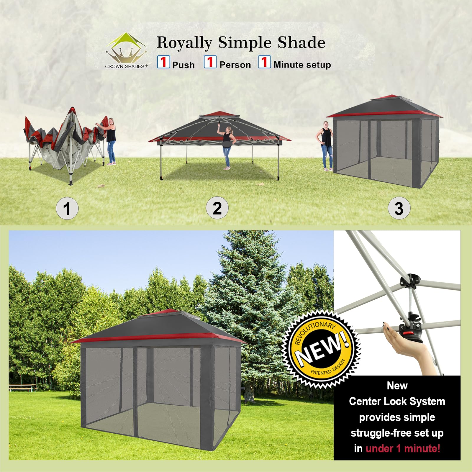 CROWN SHADES 11x11 Pop Up Gazebo Canopy Tent with Netting - One Push Open Design, Wheeled STO-N-Go Cover Bag - Perfect for Patio, Backyard, Camping, Picnics & Outdoor Events (11x11 Feet, Red & Grey)