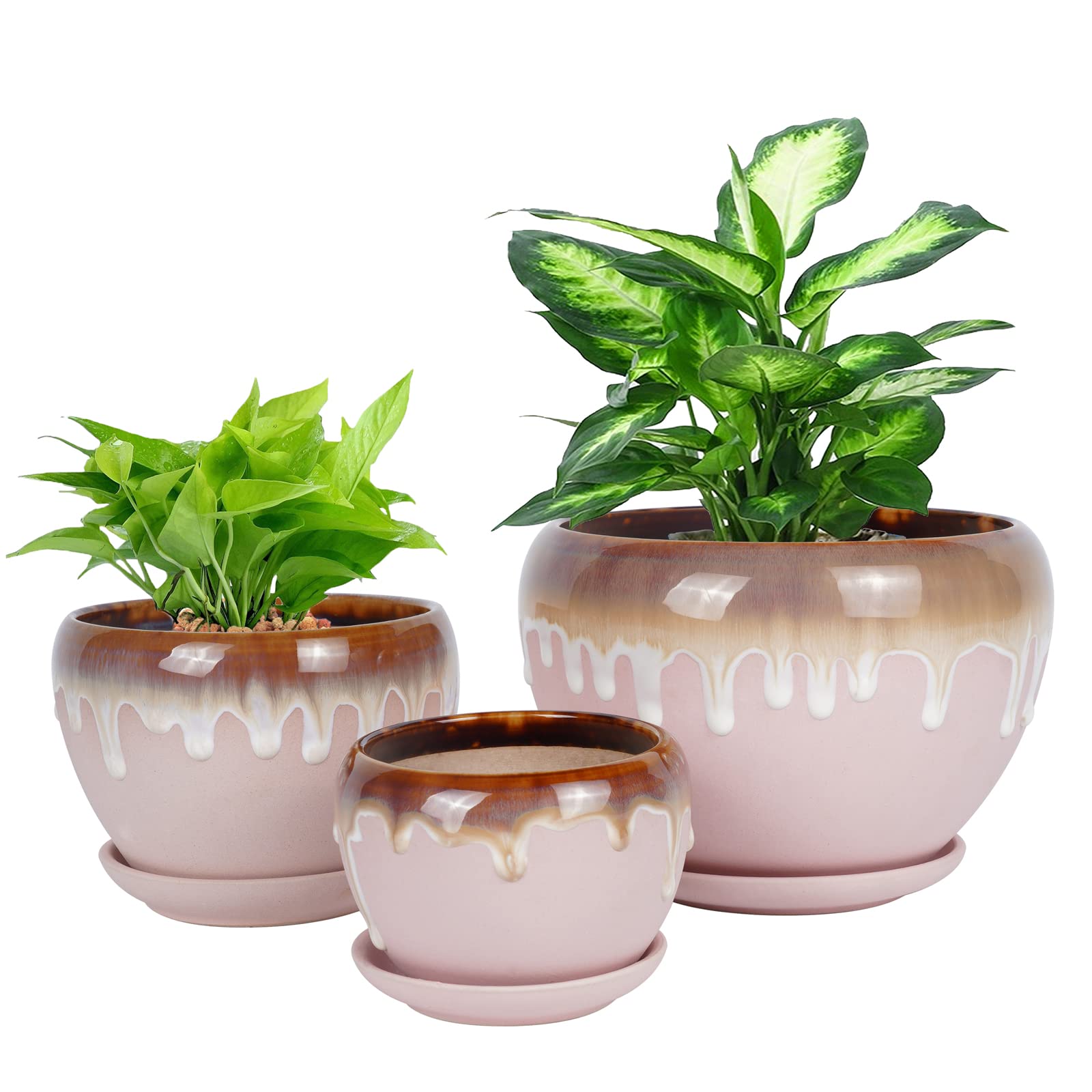 SQOWL 4+5+6 Inch Ceramic Flower Pots with Drainage Hole & Saucer - Succulent Planters for Indoor Plants, Home Decor, Office Desk, Garden Decor