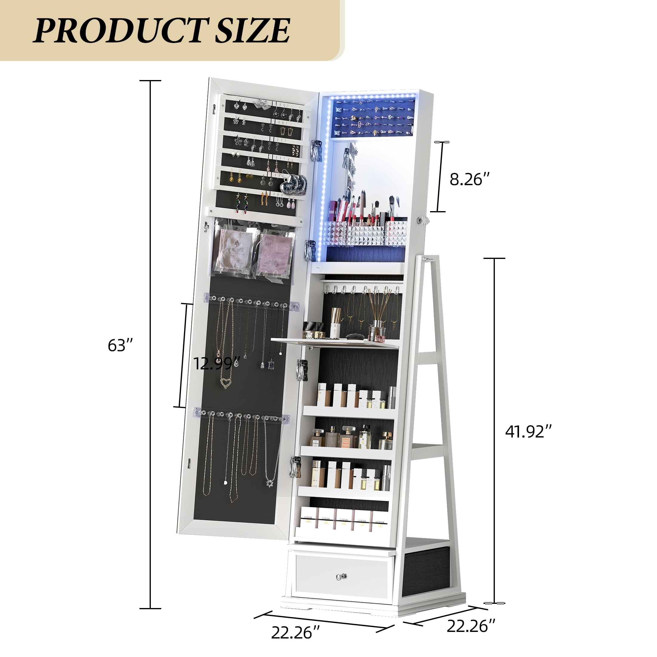 360° Swivel Jewelry Armoire with Full-Length LED Mirror - Lockable Standing Jewelry Cabinet with Rotating Shelves for Bedroom & Cloakroom Organization (White) | Perfect for Jewelry Storage, Vanity Dressing & Closet Organization