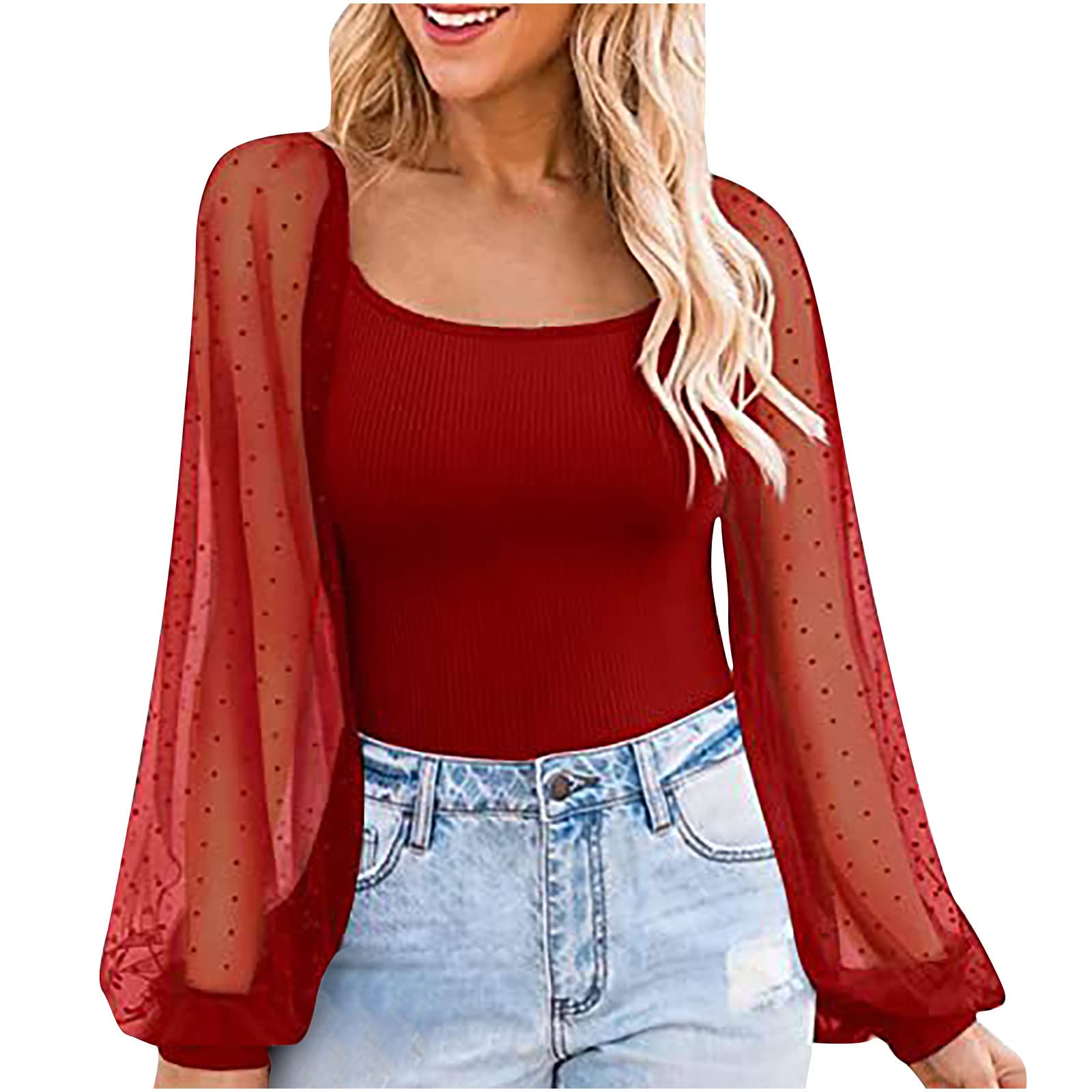 Elegant Women's Long Sleeve Lace Trim Knit Top - Slim Fit Ribbed Crewneck Blouse for Work, Party & Date Night Outfits