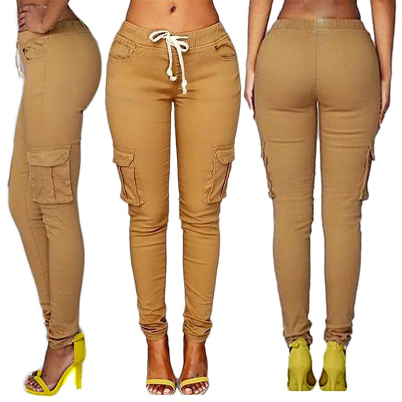 Andongnywell Women's Stretch Cargo Joggers - Solid Color Drawstring Skinny Pants with Pockets & Tie Waist for Butt Lift | Casual Workout, Running, Yoga & Lounge Wear