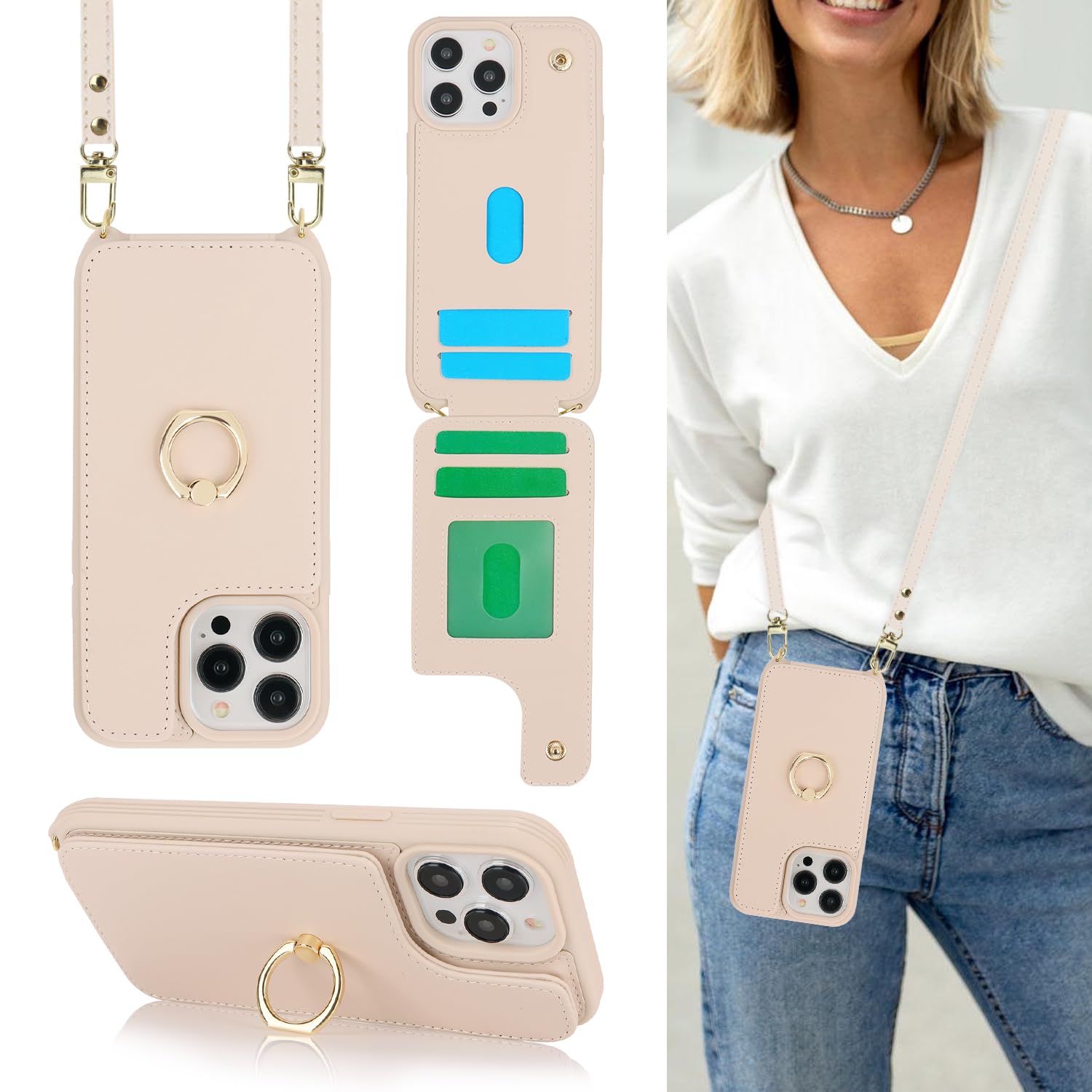 Premium Wallet Case for iPhone 13 Pro Max/iPhone 12 Pro Max (6.7 inch) - Slim Protective Phone Cover with Card Holder, Crossbody Strap, Ring Stand & Snap Clasp | Women's Fashion Accessory | Perfect for Travel, Shopping & Everyday Use (Beige)