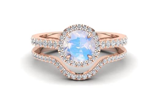 1.20 Carat Natural Rainbow Moonstone Engagement Ring Set - Round Cut Wedding Ring for Women with Moissanite Halo - Elegant Bridal Jewelry for Proposals, Anniversaries & Special Occasions