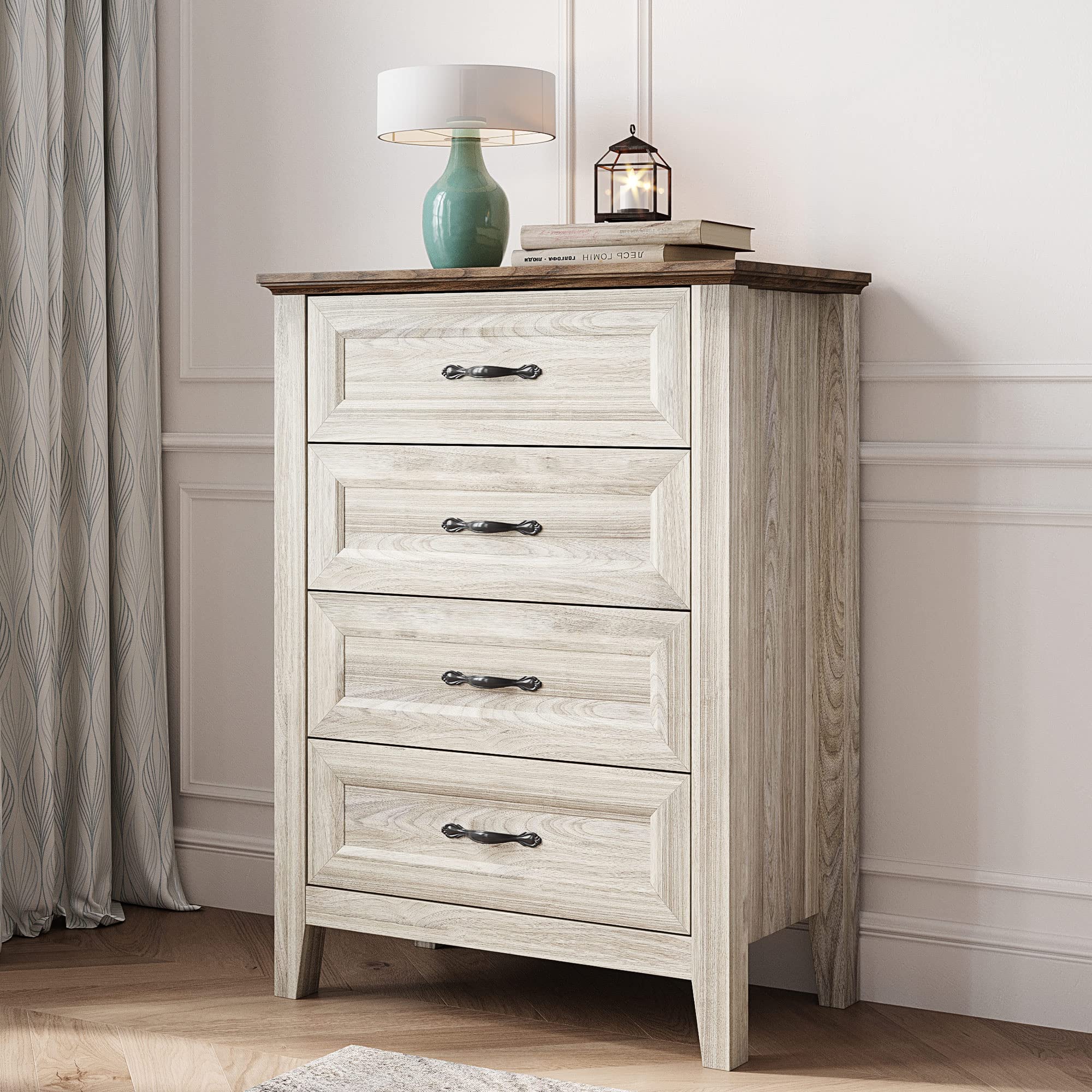 LINSY HOME 4-Drawer Tall Dresser for Bedroom - Modern Chest of Drawers with Metal Handles, White Beige - Perfect for Entryway, Closet Organization & Living Room Storage