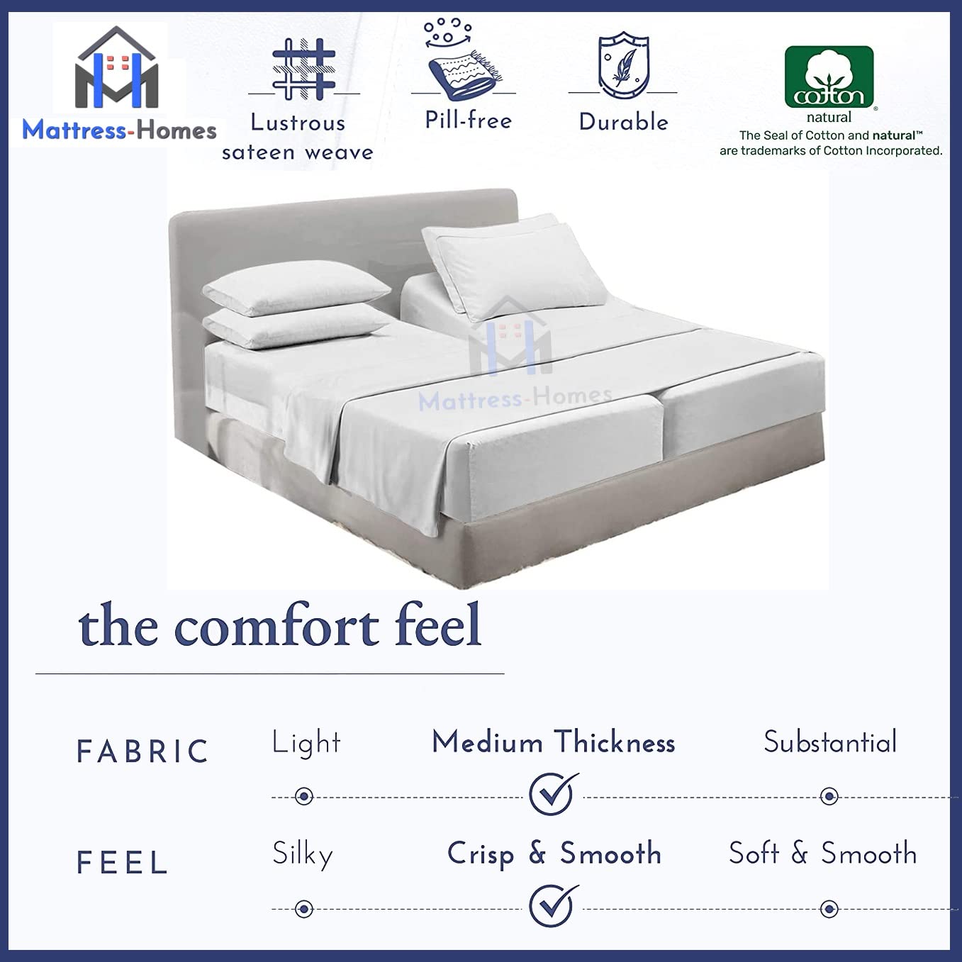 Split King Sheets Set - 7 Piece 100% Long Staple Cotton 600 Thread Count for Adjustable Beds | Ultra Soft Combed Cotton Bedding | Perfect for Adjustable Beds, Sleep Number Beds & Split King Mattresses | White Solid Color
