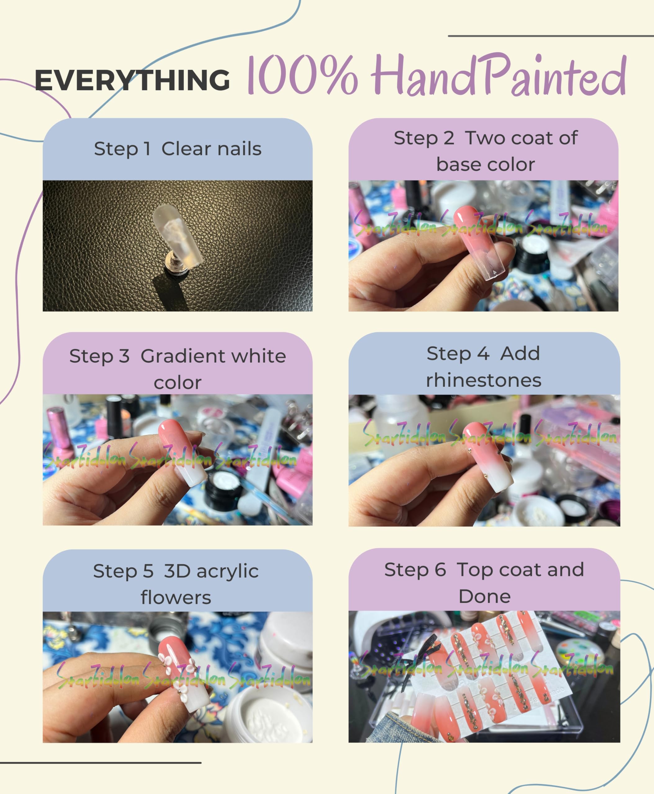 Hand-Painted White False Nails Set - Coffin Press on Nails Kit with Nail Glue | Medium Length Stick on Nails for Women | Perfect for Parties, Weddings, and Daily Wear (X-Small, Style 9)