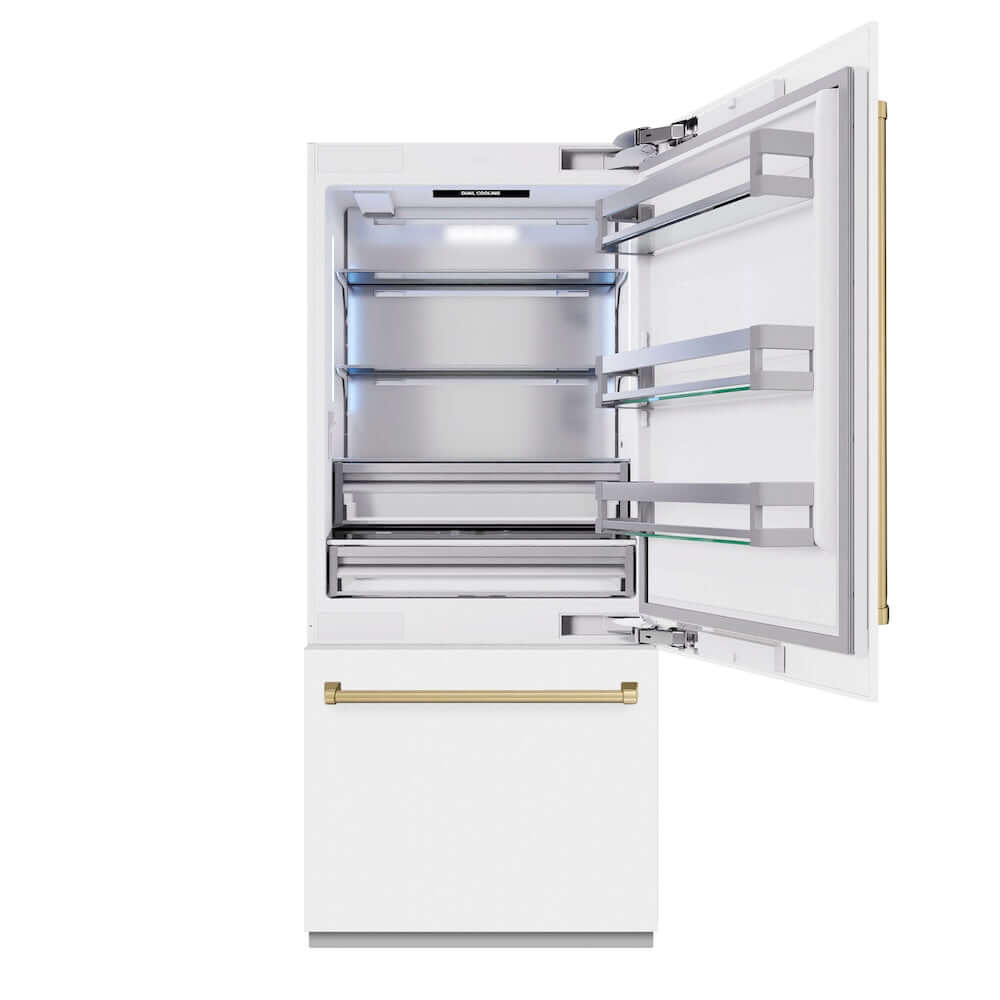ZLINE Autograph Edition 36 Inch Built-In Bottom Freezer Refrigerator - 19.8 cu ft Capacity, Water Dispenser & Ice Maker - White Matte with Champagne Bronze Accents (RBITZ WM 36 CB) - Perfect for Modern Kitchens & Open-Concept Homes