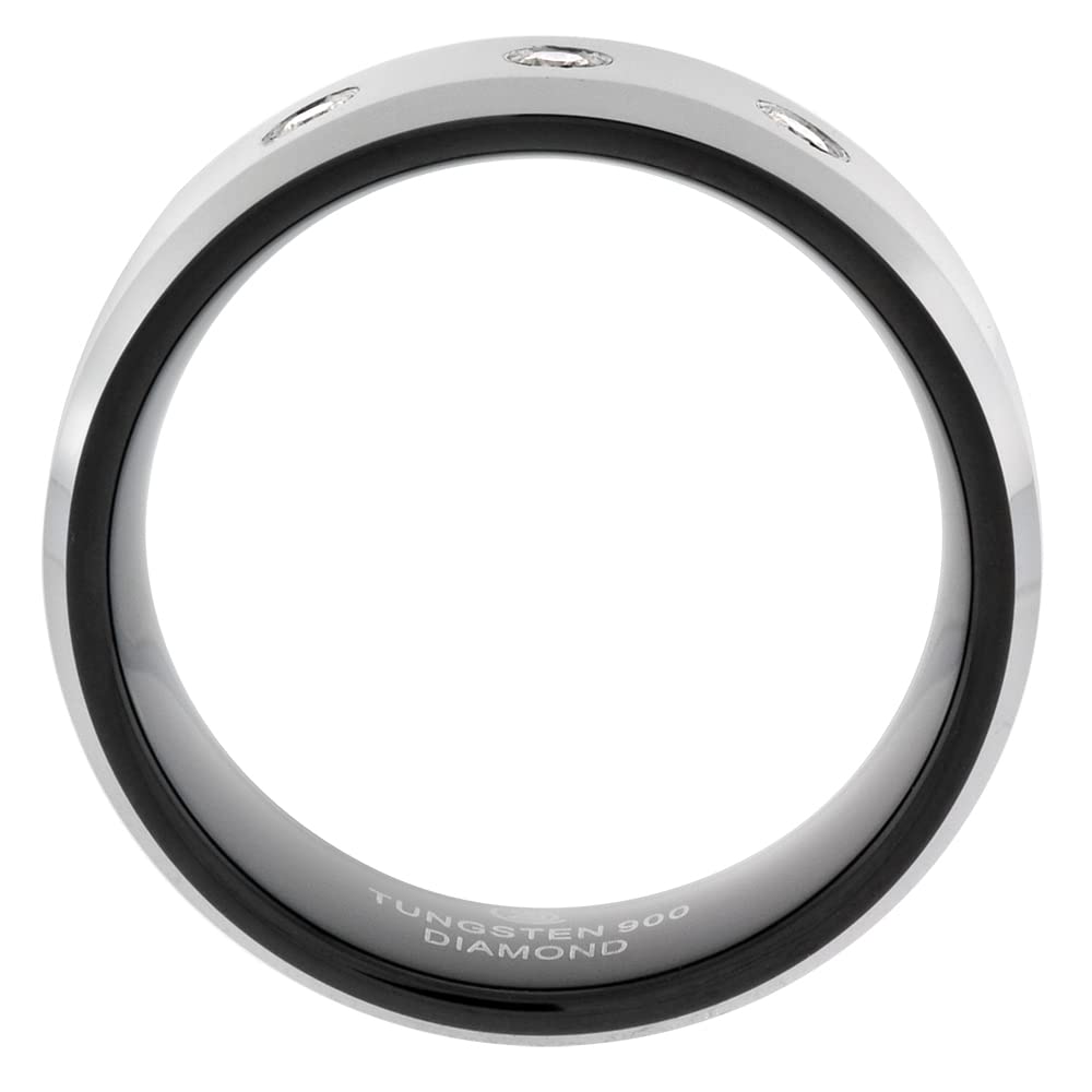 2-Ring Set 6mm & 8mm Black Tungsten 3 Stone Diamond Wedding Band for Men - Two-Tone Beveled Comfort Fit Sizes 5-13 - Perfect for Anniversary, Engagement & Everyday Wear