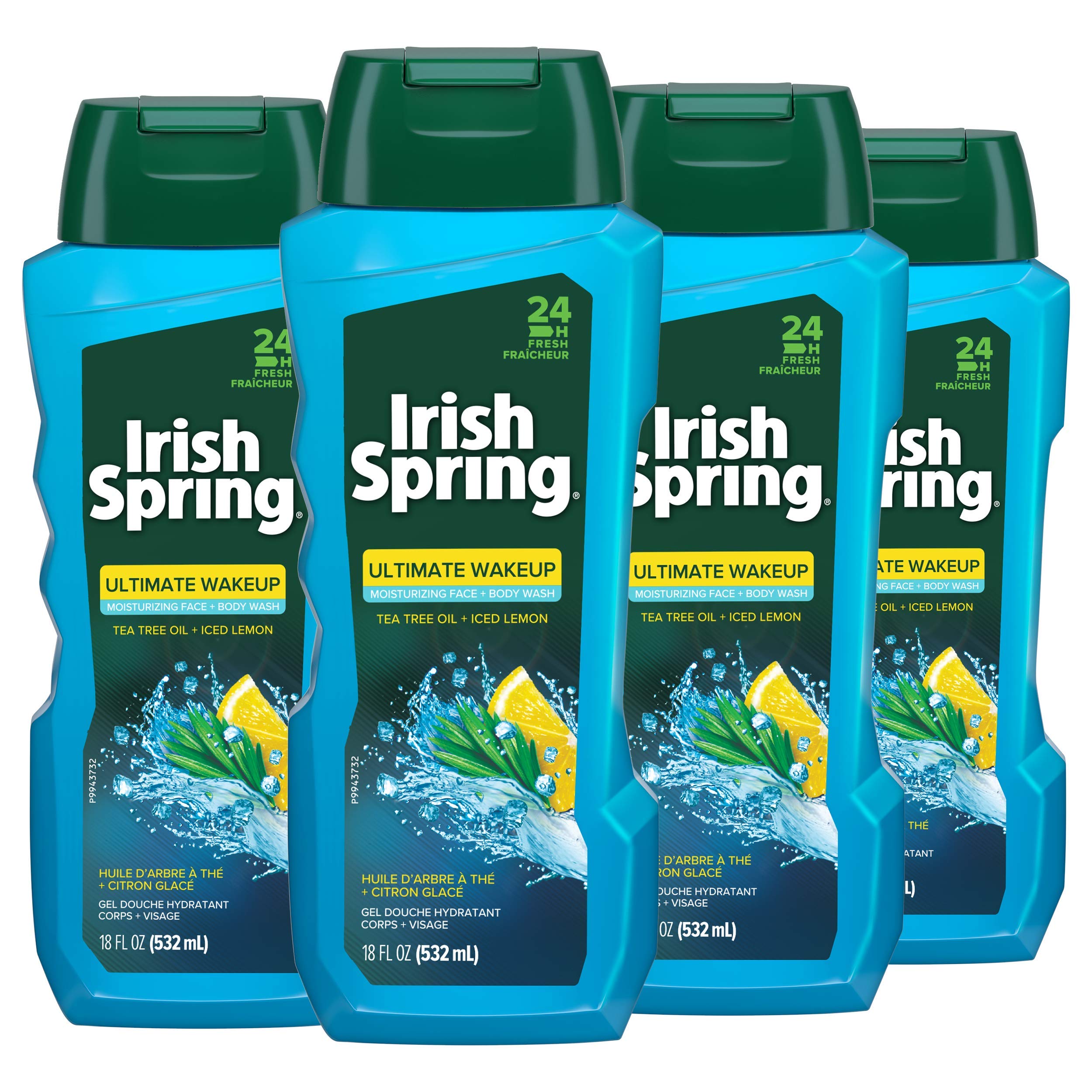 Irish Spring Ultimate Wake Up Tea Tree Face & Body Wash for Men - Moisturizing & Antibacterial Body Wash (18 fl oz, 4 Pack) - Refreshing Shower Gel for Gym, Workout & Daily Use
