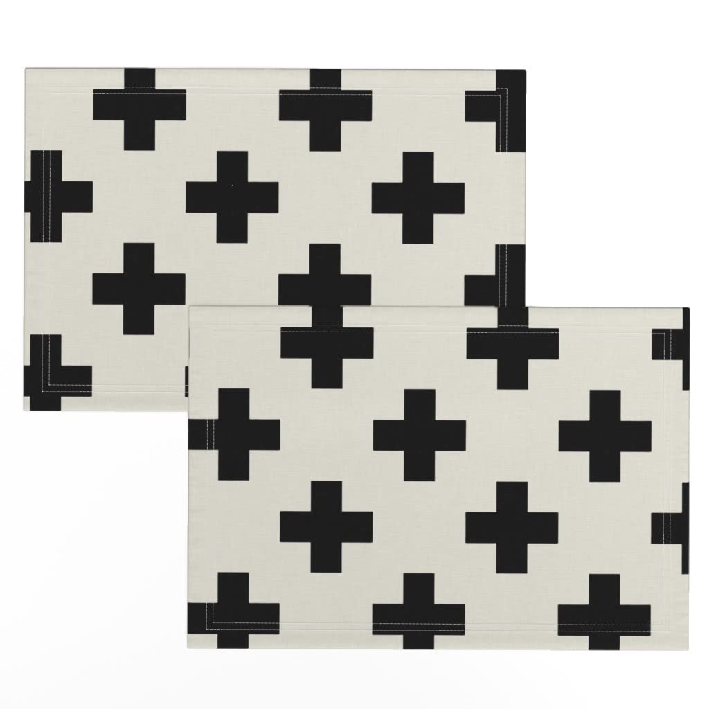 Premium Linen Cotton Canvas Placemats Set of 2 - Black Geometric Texture Cream Print Table Mats for Dining Room, Kitchen Decor & Dinner Parties