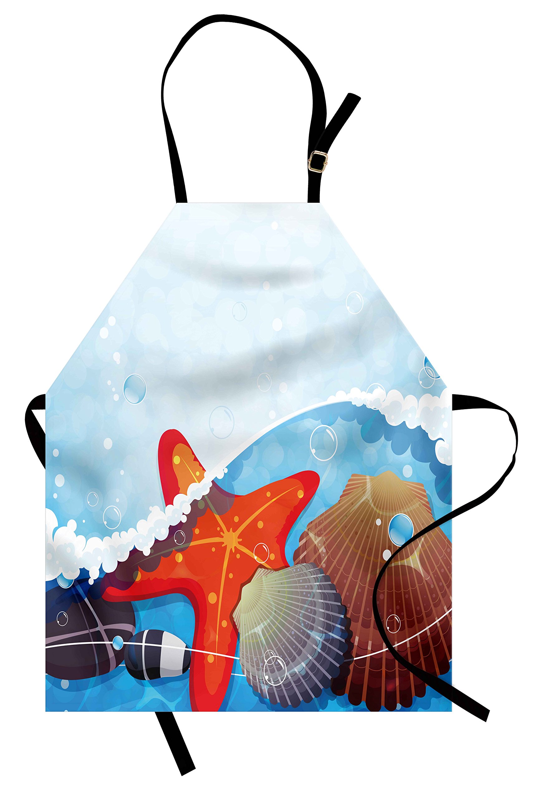 Ambesonne Starfish Apron - Foaming Ocean Waves Design with Scallops, Seastars & Pebbles - Adjustable Unisex Kitchen Bib Apron for Cooking, Baking, Gardening - Perfect for Beach Themed Parties, Seafood Restaurants & Coastal Home Decor (Multicolor)