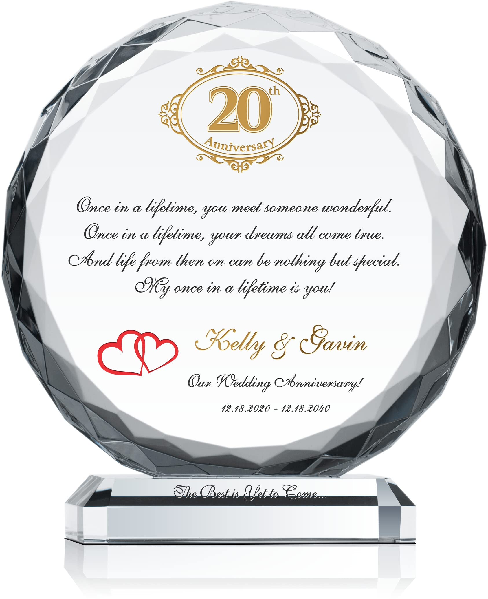 20th Wedding Anniversary Personalized Crystal Gift - Custom Engraved with Couple Names & Date - Unique Keepsake for Husband, Wife or Couple (8