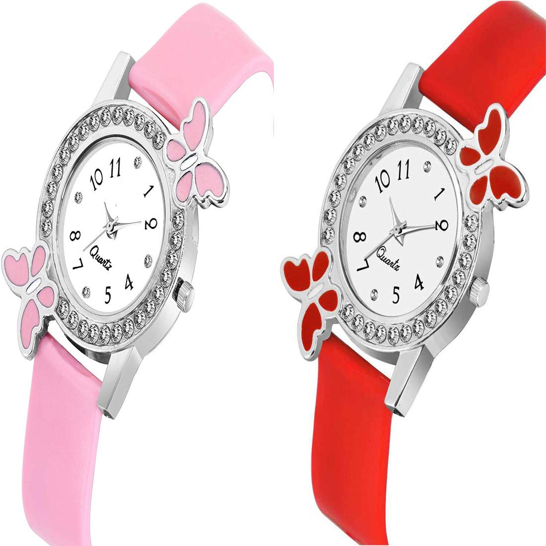 HIRA Red and Pink Butterfly Diamond Dial Women's & Girl's Watches Set - Elegant Fashion Watch for Daily Wear, Parties, and Special Occasions